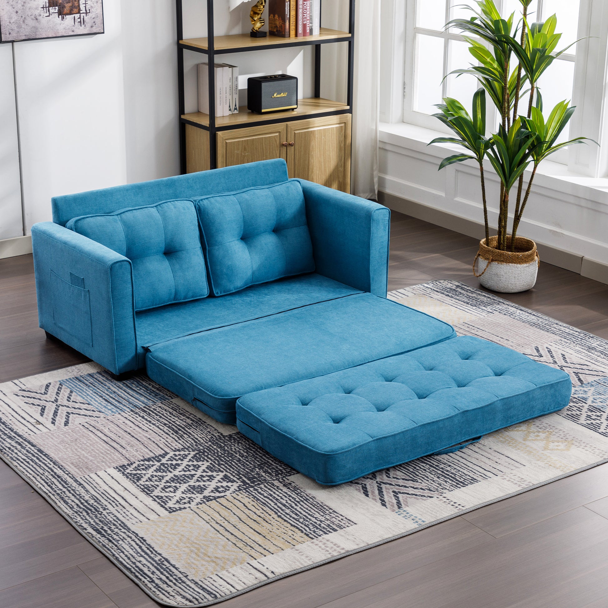 59.4" Loveseat Sofa With Pull Out Bed Modern Upholstered Couch With Side Pocket For Living Room Office, Blue Blue Chenille