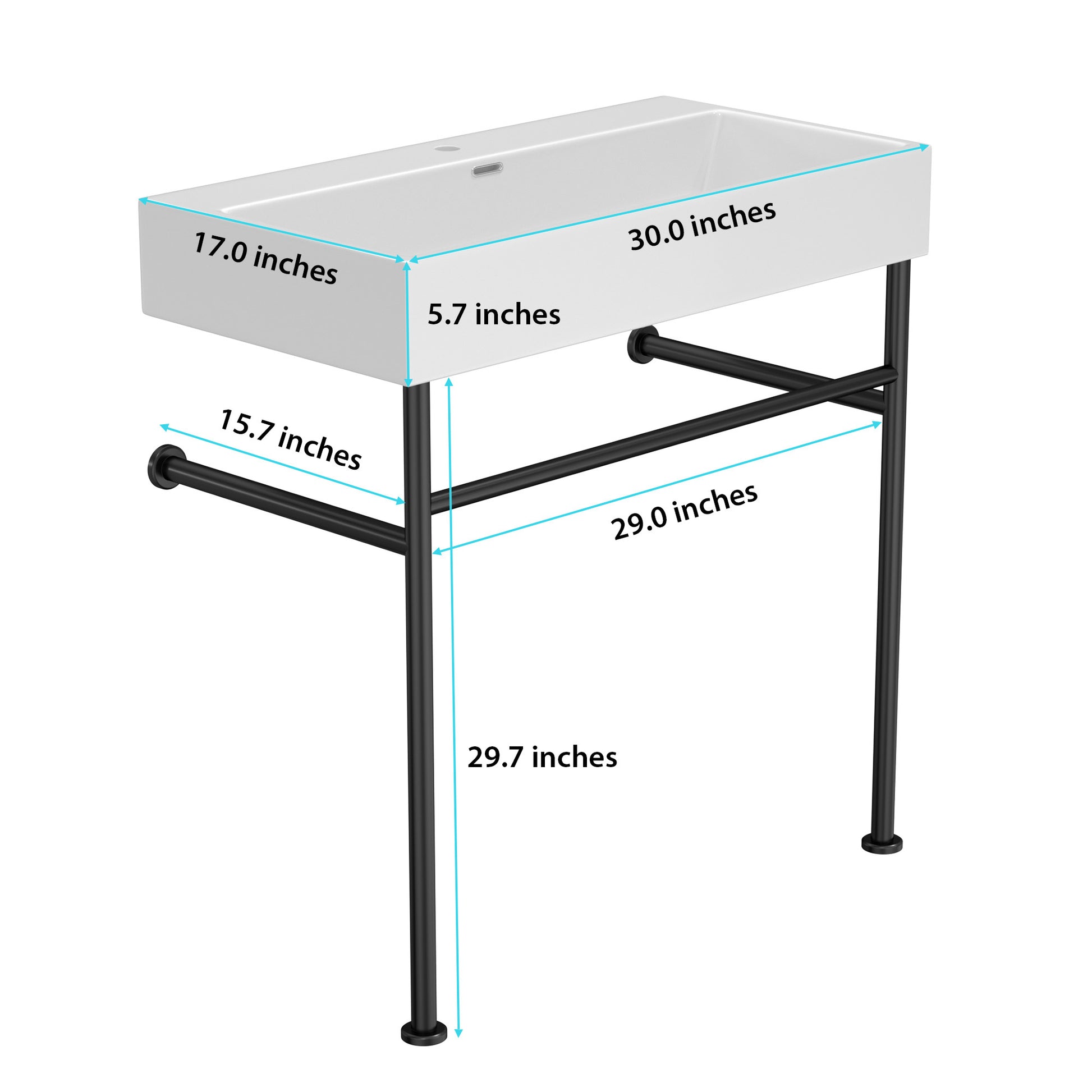 30" Bathroom Console Sink With Overflow,Ceramic Console Sink White Basin Black Legs White Ceramic