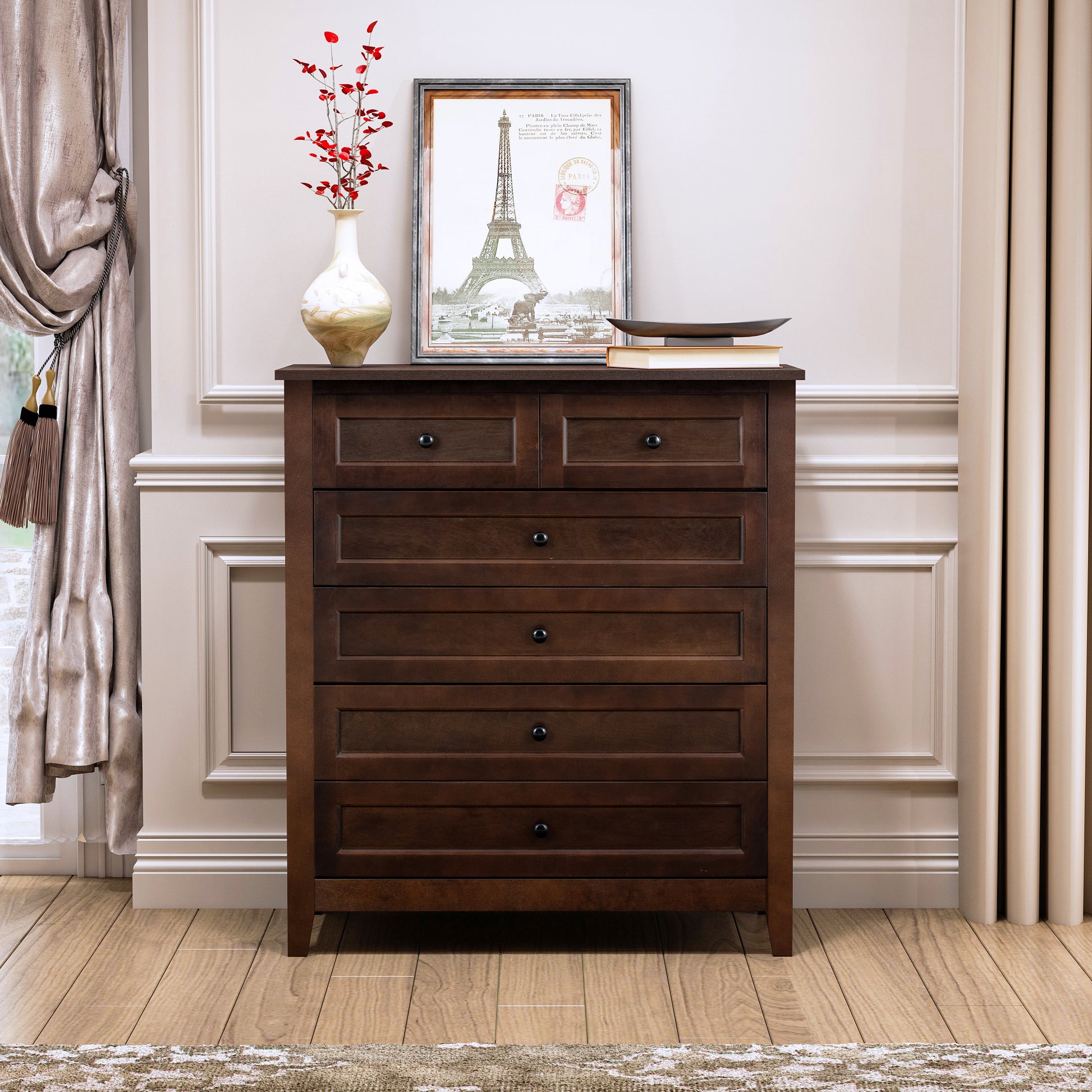 Solid Wood Spray Painted Drawer Dresser Bar,Buffet Tableware Cabinet Lockers Buffet Server Console Table Lockers, Retro Round Handle, Applicable To The Dining Room, Living Room,Kitchen Corridor,Auburn 5 Or More Drawers Auburn Brown Primary Living Space