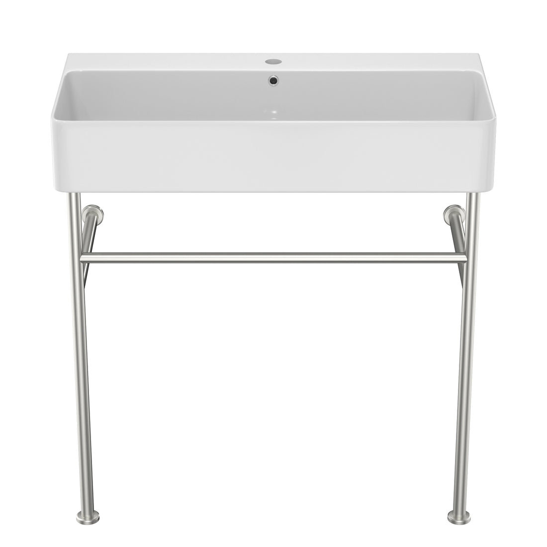 35" Bathroom Console Sink With Overflow,Ceramic Console Sink White Basin Polished Nicke Legs White Ceramic