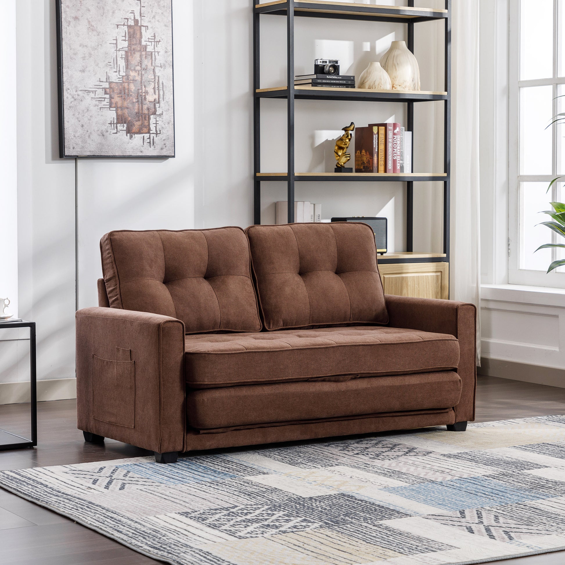 59.4" Loveseat Sofa With Pull Out Bed Modern Upholstered Couch With Side Pocket For Living Room Office, Brown Brown Chenille