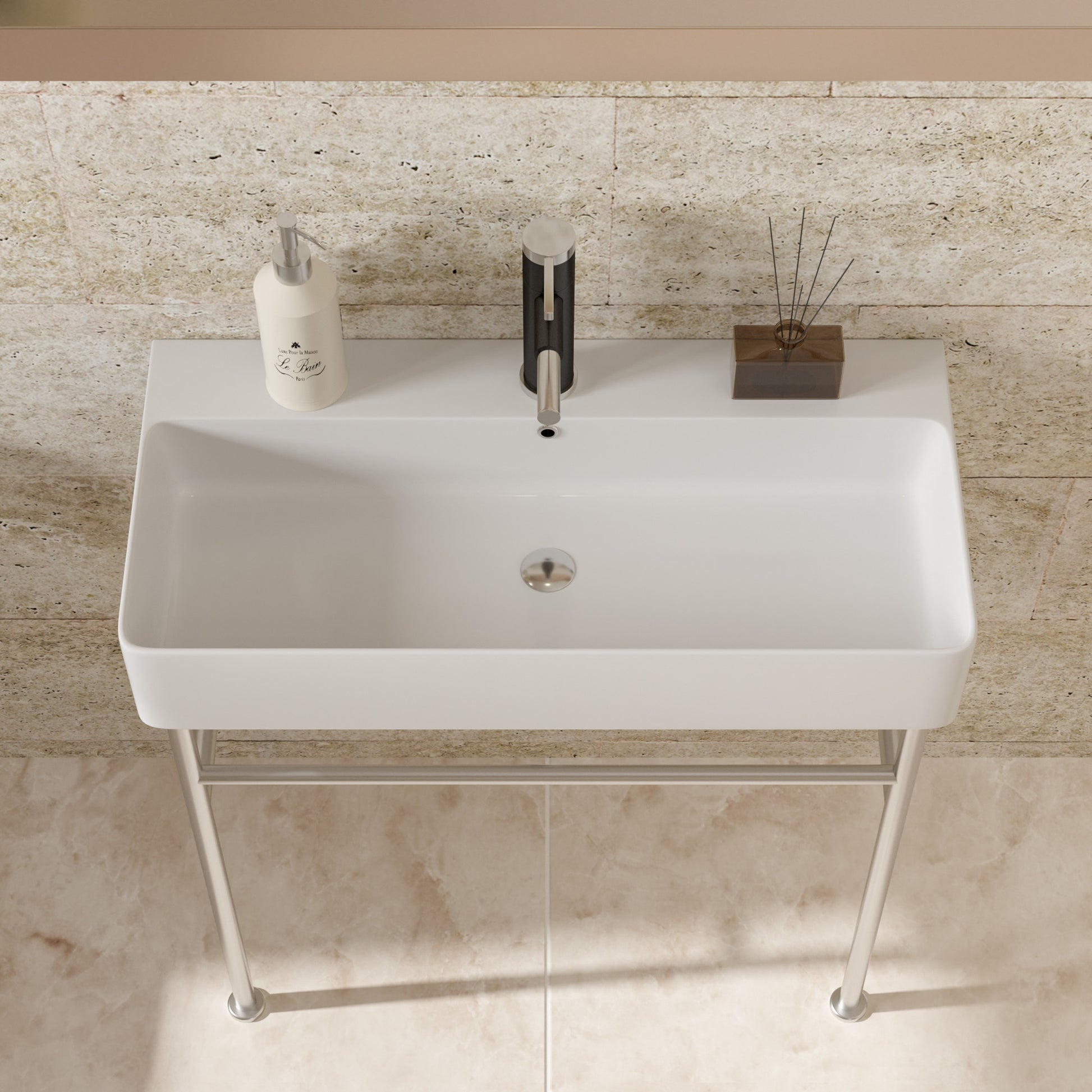 32" Bathroom Console Sink With Overflow,Ceramic Console Sink White Basin Polished Nicke Legs White Ceramic