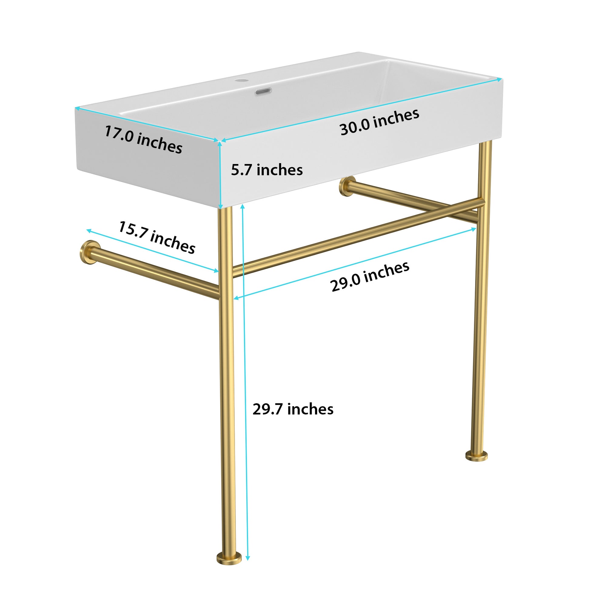 30" Bathroom Console Sink With Overflow,Ceramic Console Sink White Basin Gold Legs White Ceramic