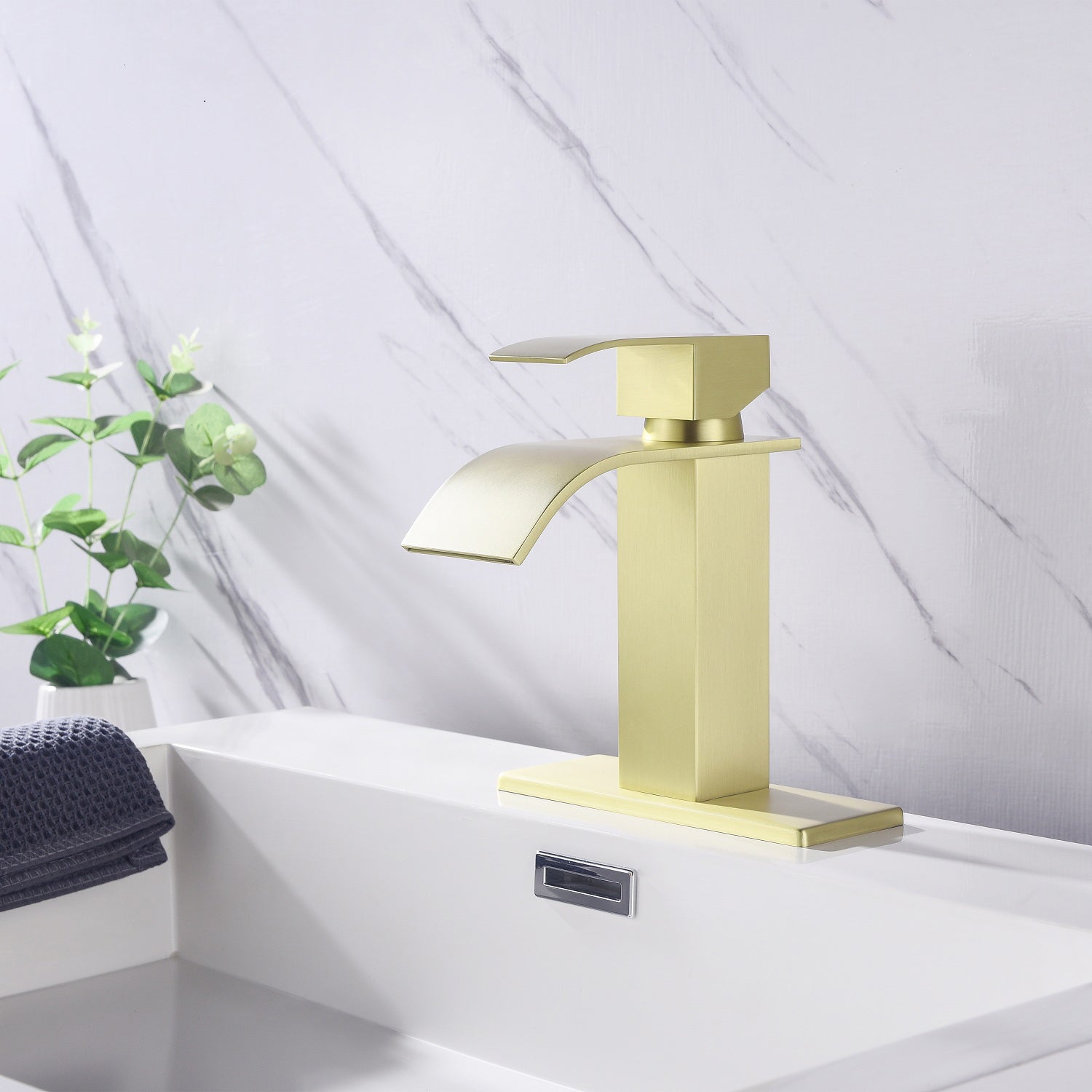 Waterfall Spout Bathroom Faucet,Single Handle Bathroom Vanity Sink Faucet Gold Stainless Steel