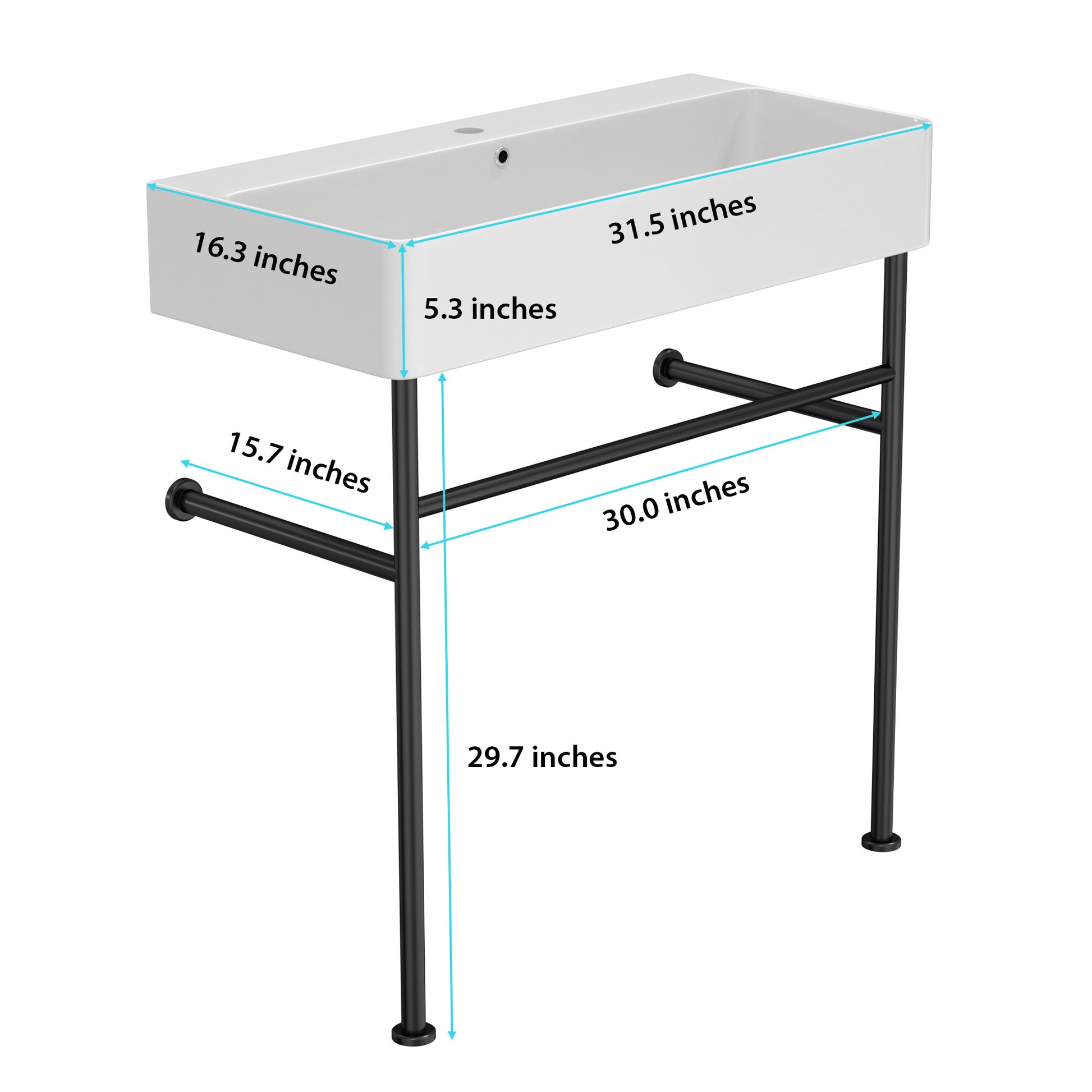 32" Bathroom Console Sink With Overflow,Ceramic Console Sink White Basin Black Legs White Ceramic