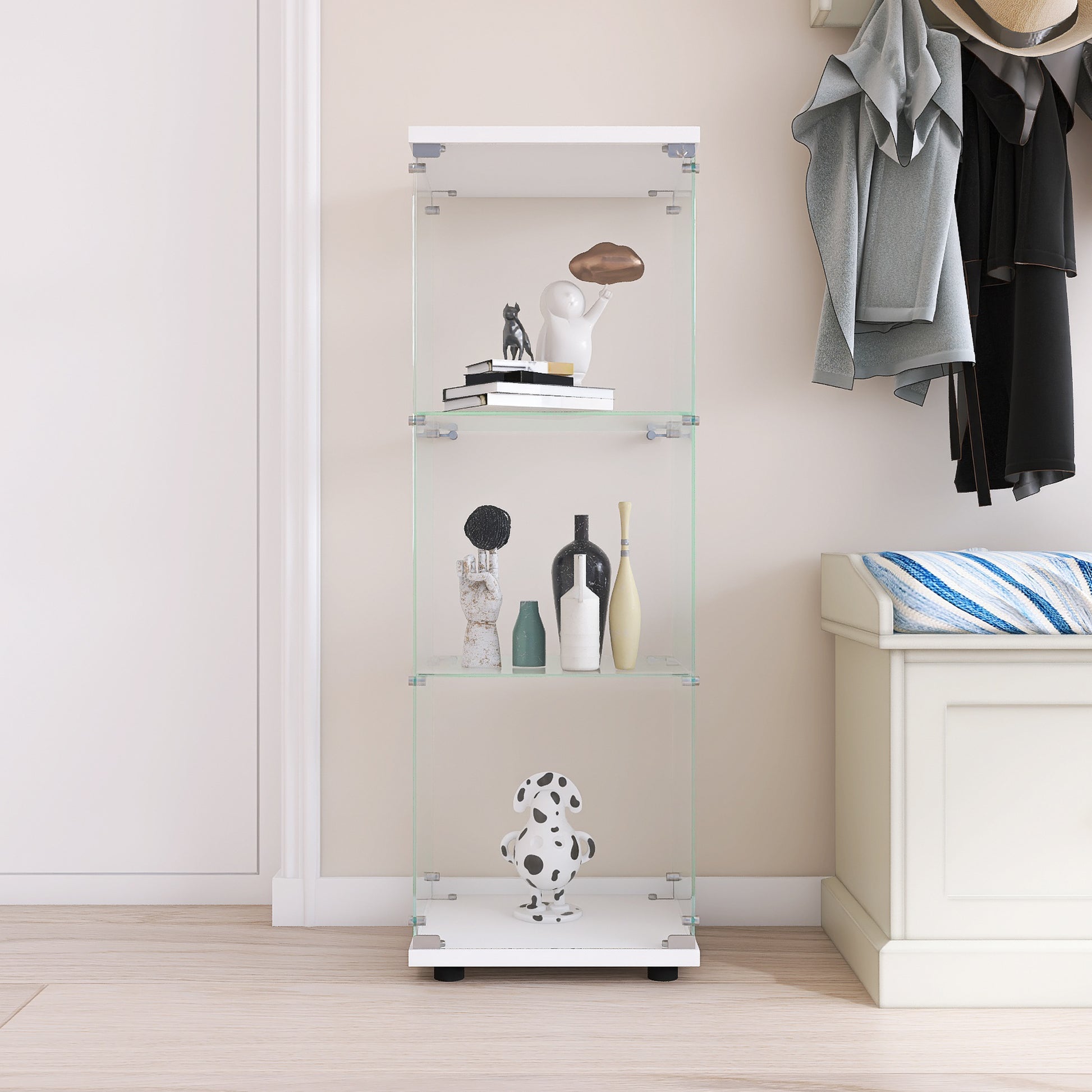 Glass Display Cabinet With 3 Shelves, One Door Curio Cabinets For Living Room, Bedroom, Office, White Floor Standing Glass Bookshelf, Quick Installation White Glass