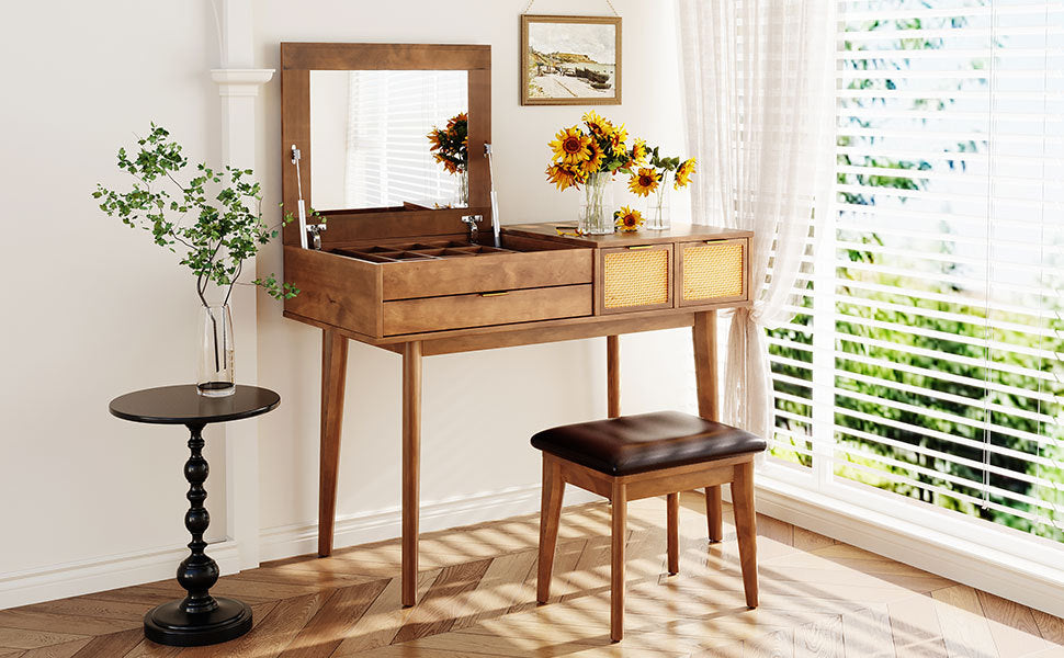 43.3" Classic Wood Makeup Vanity Set With Flip Top Mirror And Stool, Dressing Table With Three Drawers And Storage Space, Brown Brown Solid Wood Mdf