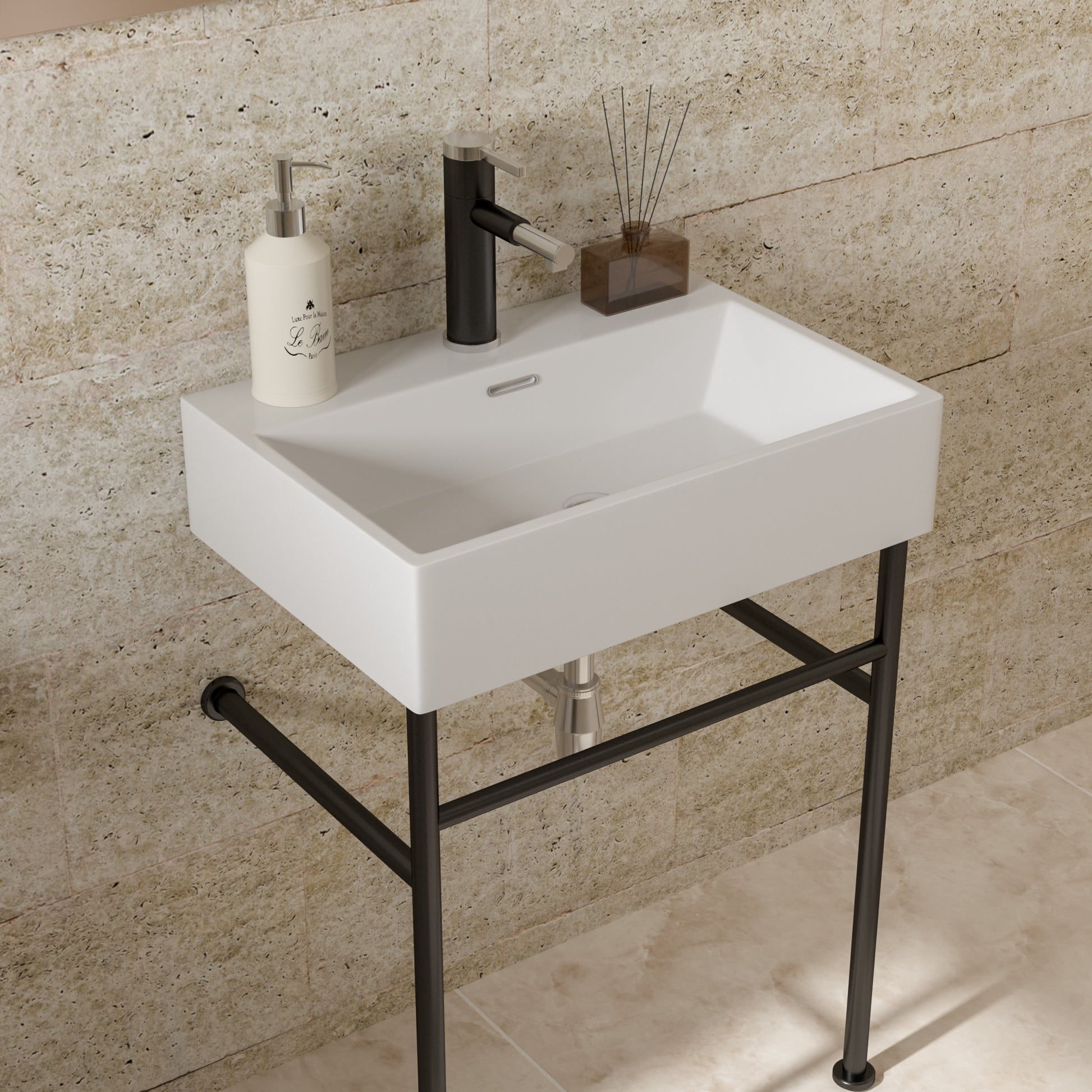 24" Bathroom Console Sink With Overflow,Ceramic Console Sink White Basin Black Legs White Ceramic