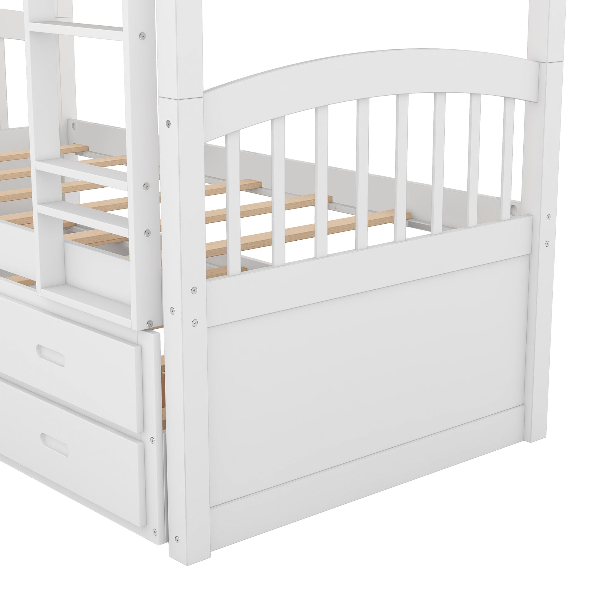 Twin Over Twin Wood Bunk Bed With Trundle And Drawers,White Box Spring Not Required Twin White Wood Bedroom Pine Bunk Pine