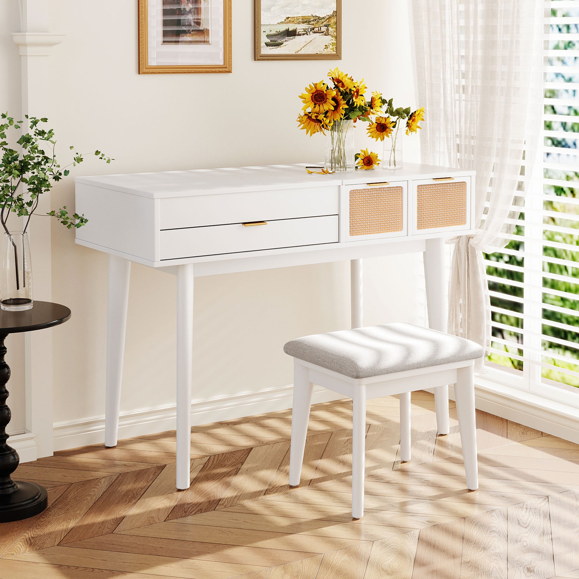 43.3" Classic Wood Makeup Vanity Set With Flip Top Mirror And Stool, Dressing Table With Three Drawers And Storage Space, White White Solid Wood Mdf