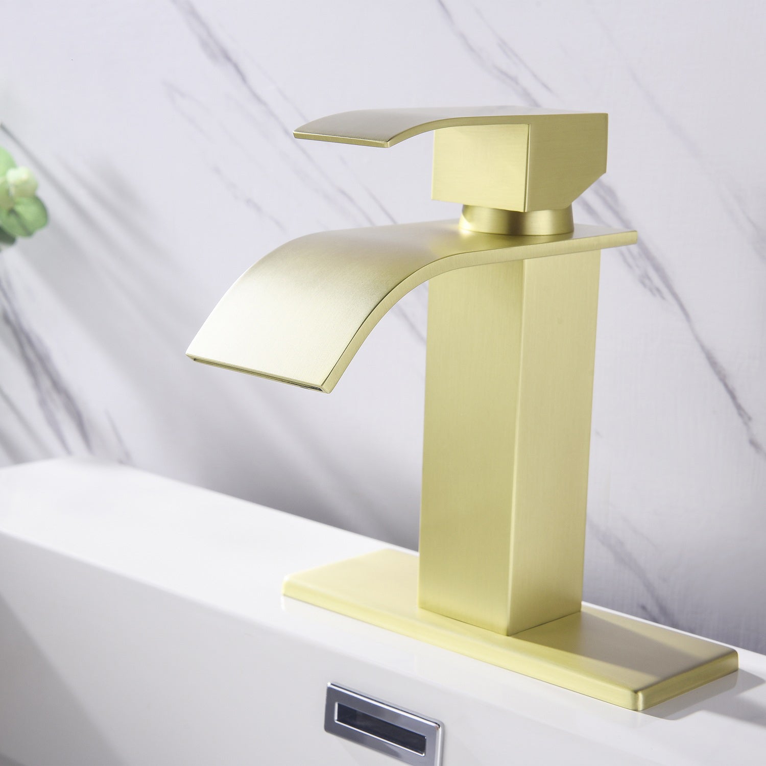 Waterfall Spout Bathroom Faucet,Single Handle Bathroom Vanity Sink Faucet Gold Stainless Steel