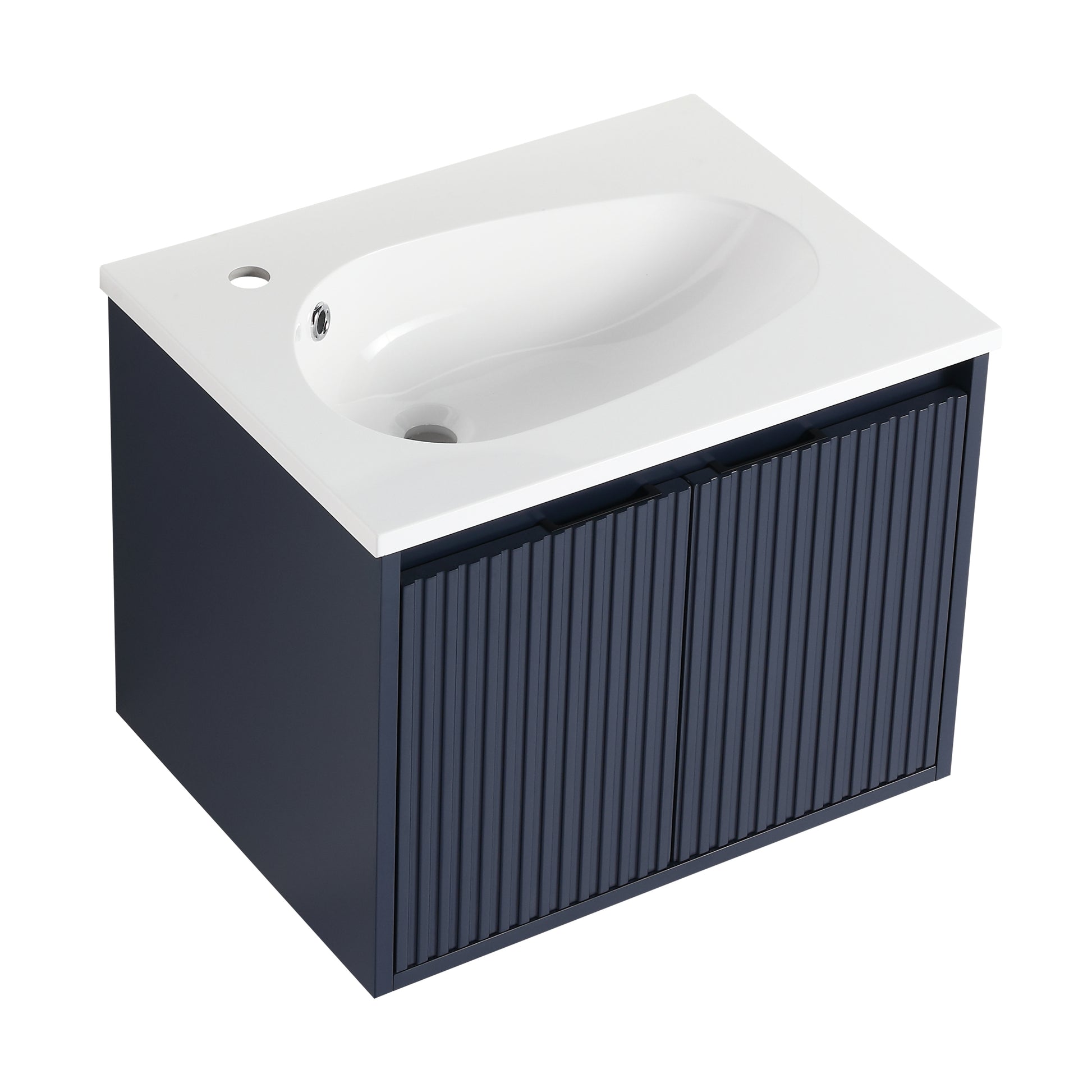 24" Floating Bathroom Vanity With Drop Shaped Resin Sink Navy Blue 2 Bathroom Wall Mounted Modern Plywood