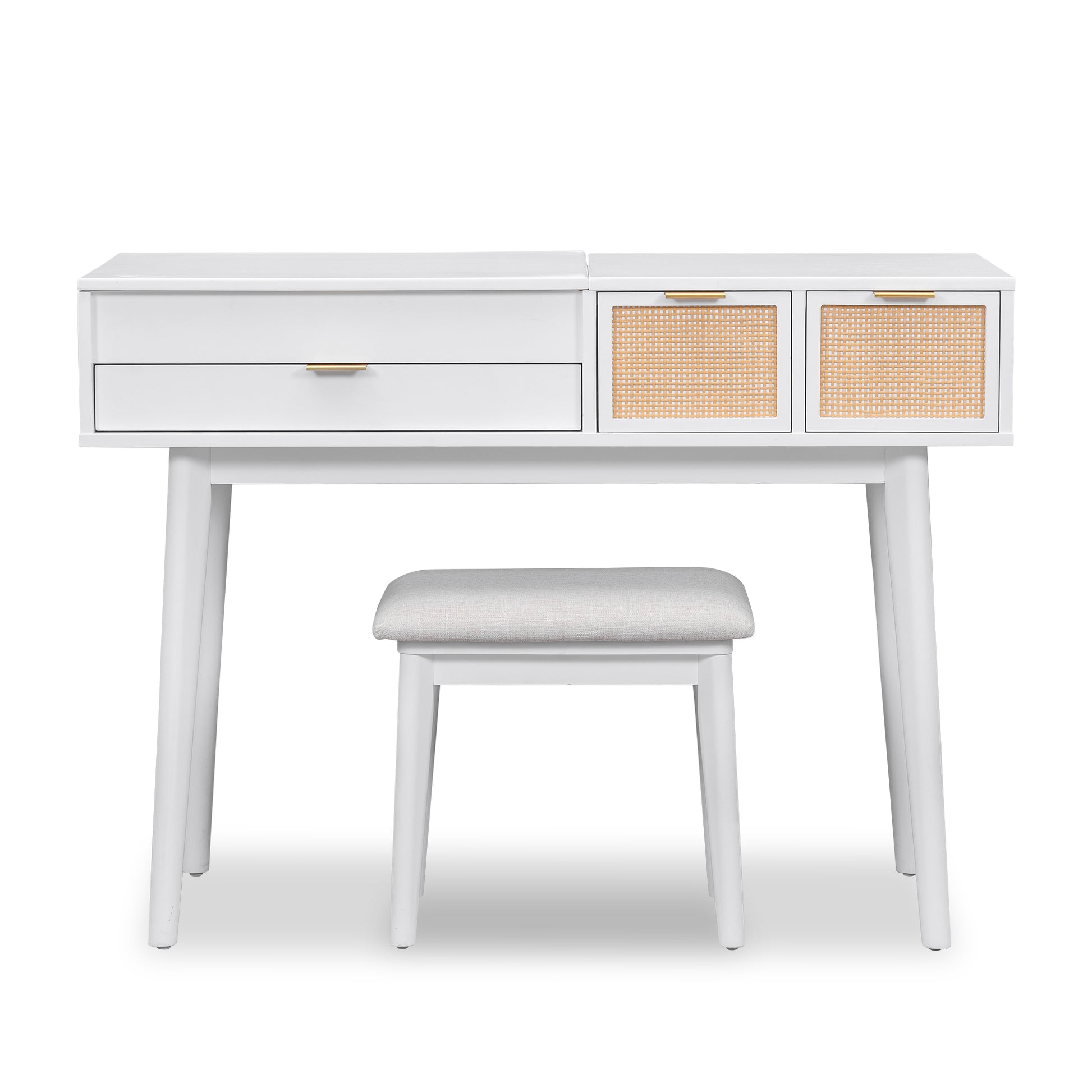 43.3" Classic Wood Makeup Vanity Set With Flip Top Mirror And Stool, Dressing Table With Three Drawers And Storage Space, White White Solid Wood Mdf