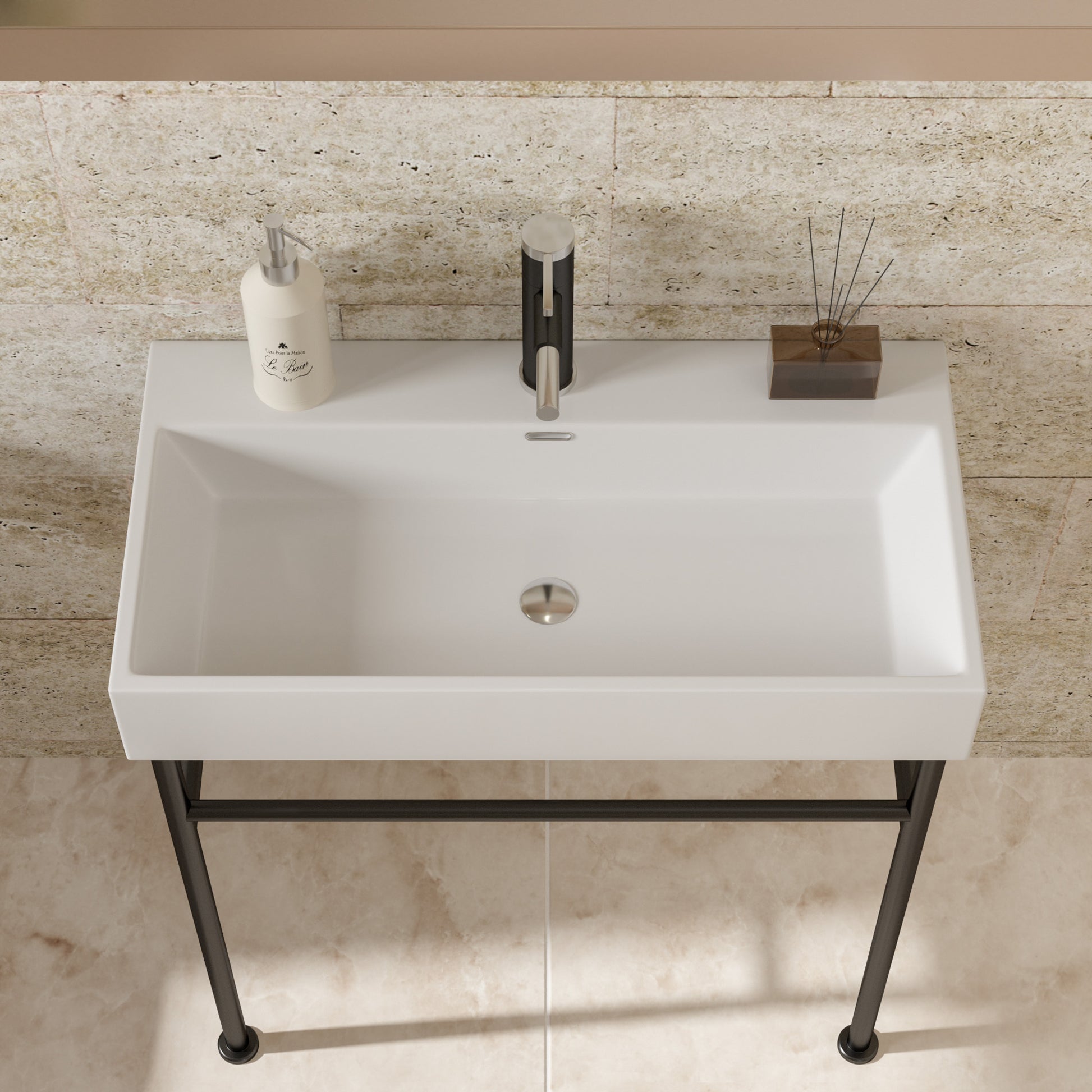 35" Bathroom Console Sink With Overflow,Ceramic Console Sink White Basin Black Legs White Ceramic