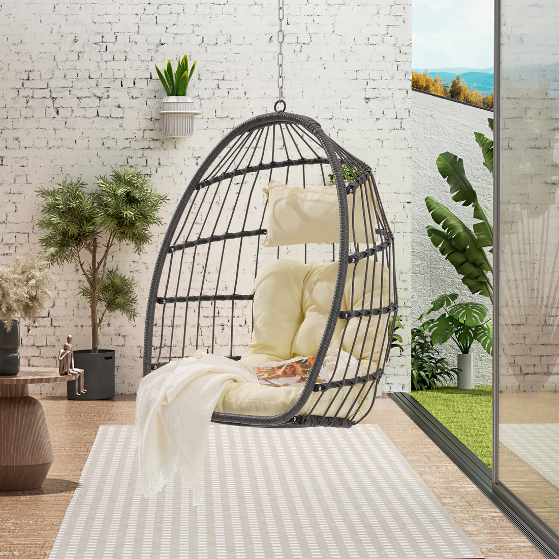 Outdoor Garden Rattan Egg Swing Chair Hanging Chair Wood Yes Complete Patio Set Khaki Yellow Uv Resistant Frame Water Resistant Cushion Garden & Outdoor American Design Complete Patio Sets