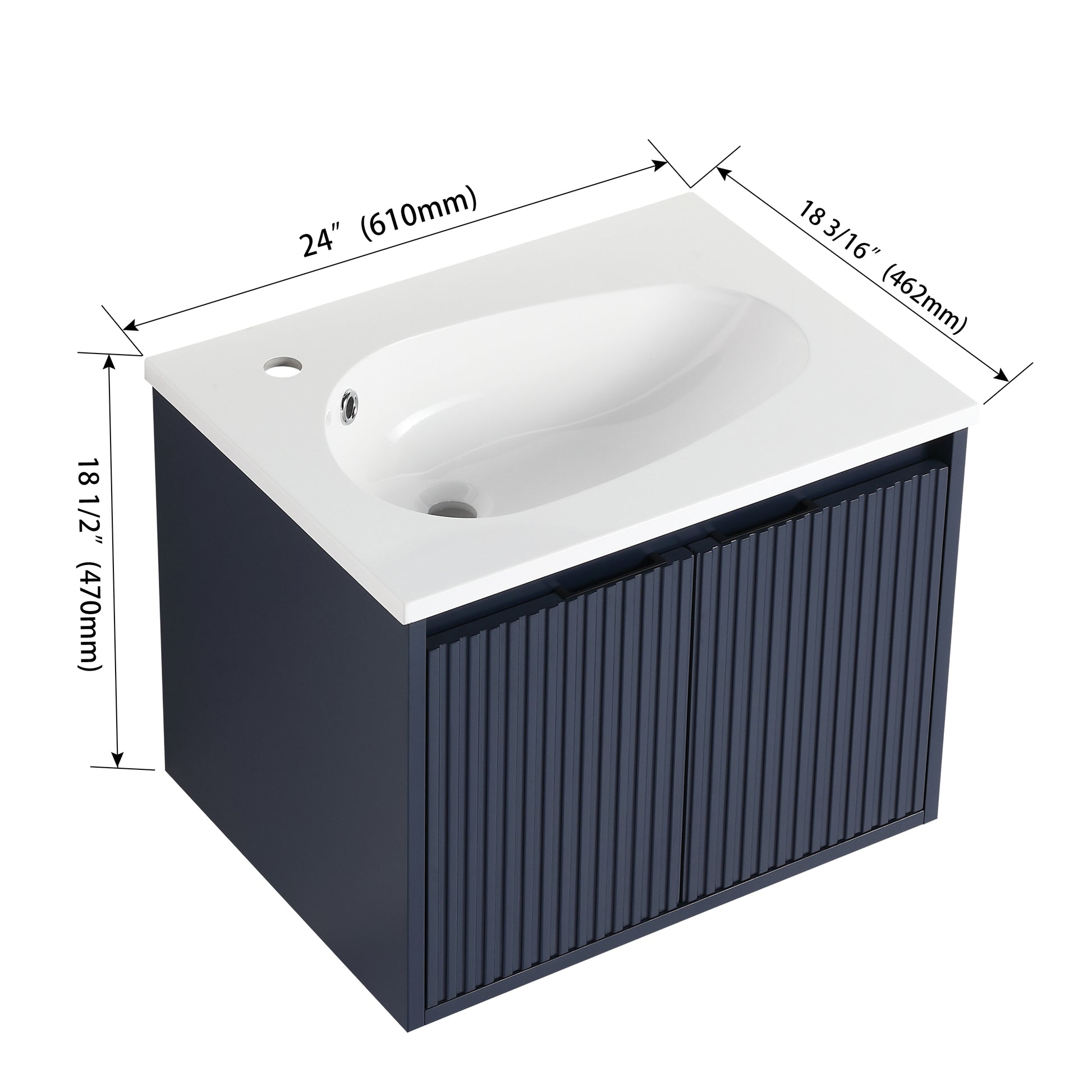 24" Floating Bathroom Vanity With Drop Shaped Resin Sink Navy Blue 2 Bathroom Wall Mounted Modern Plywood