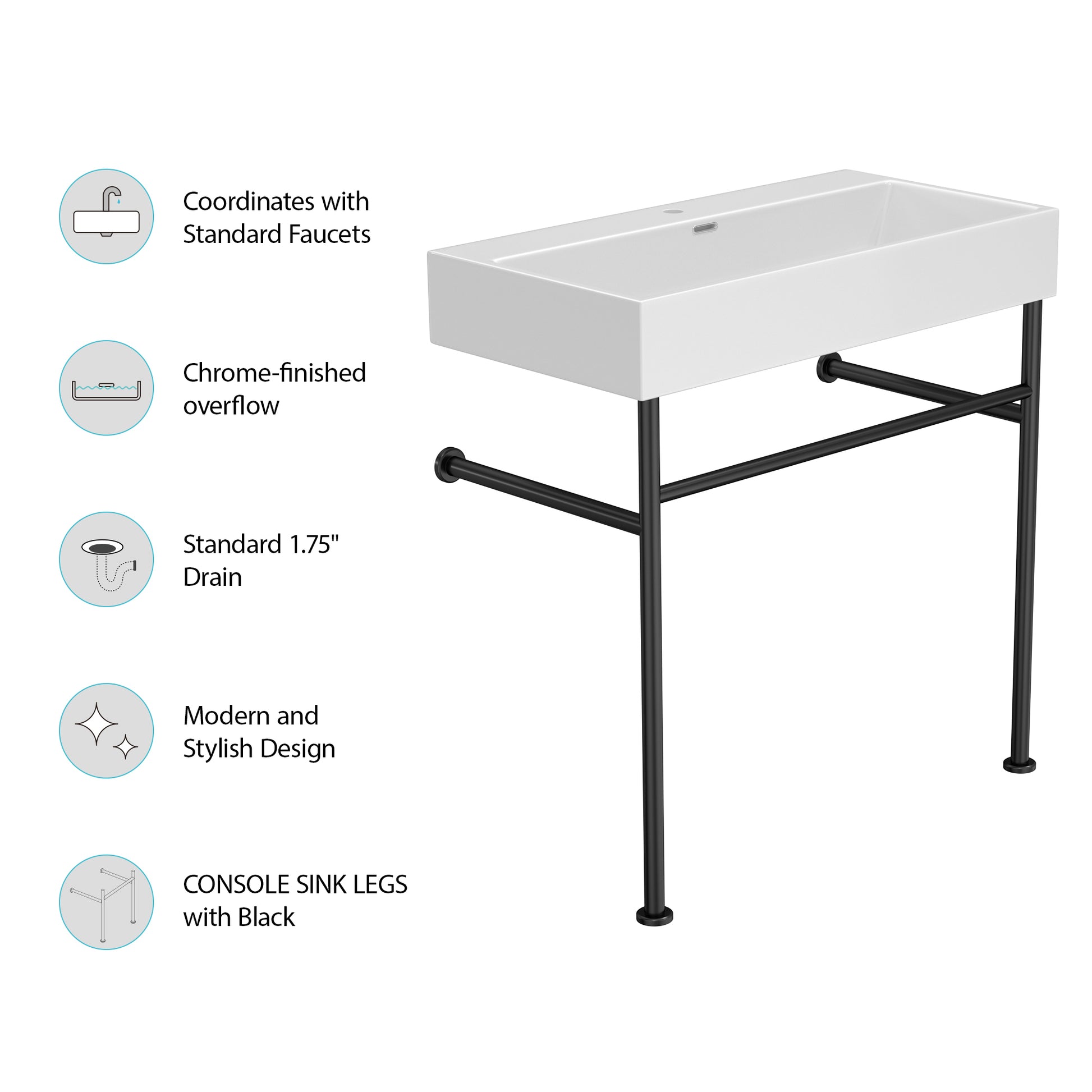 35" Bathroom Console Sink With Overflow,Ceramic Console Sink White Basin Black Legs White Ceramic