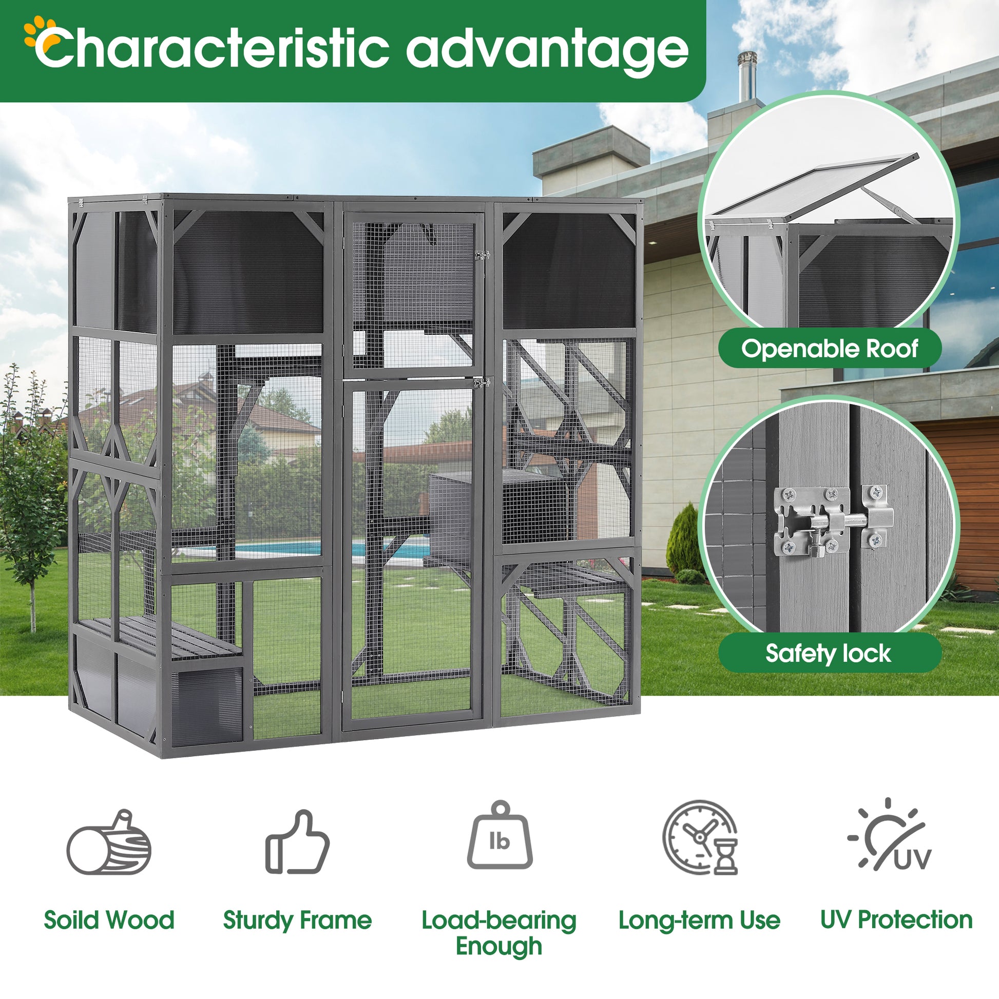 Outdoor Wooden Cat House Catio Enclosure With Super Large Enter Door Cat Kennel With Bouncy Bridge, Platforms And Small Houses Walk In Kitten Cage With Sunshine Board L67.5'', Dark Grey Gray Metal & Wood