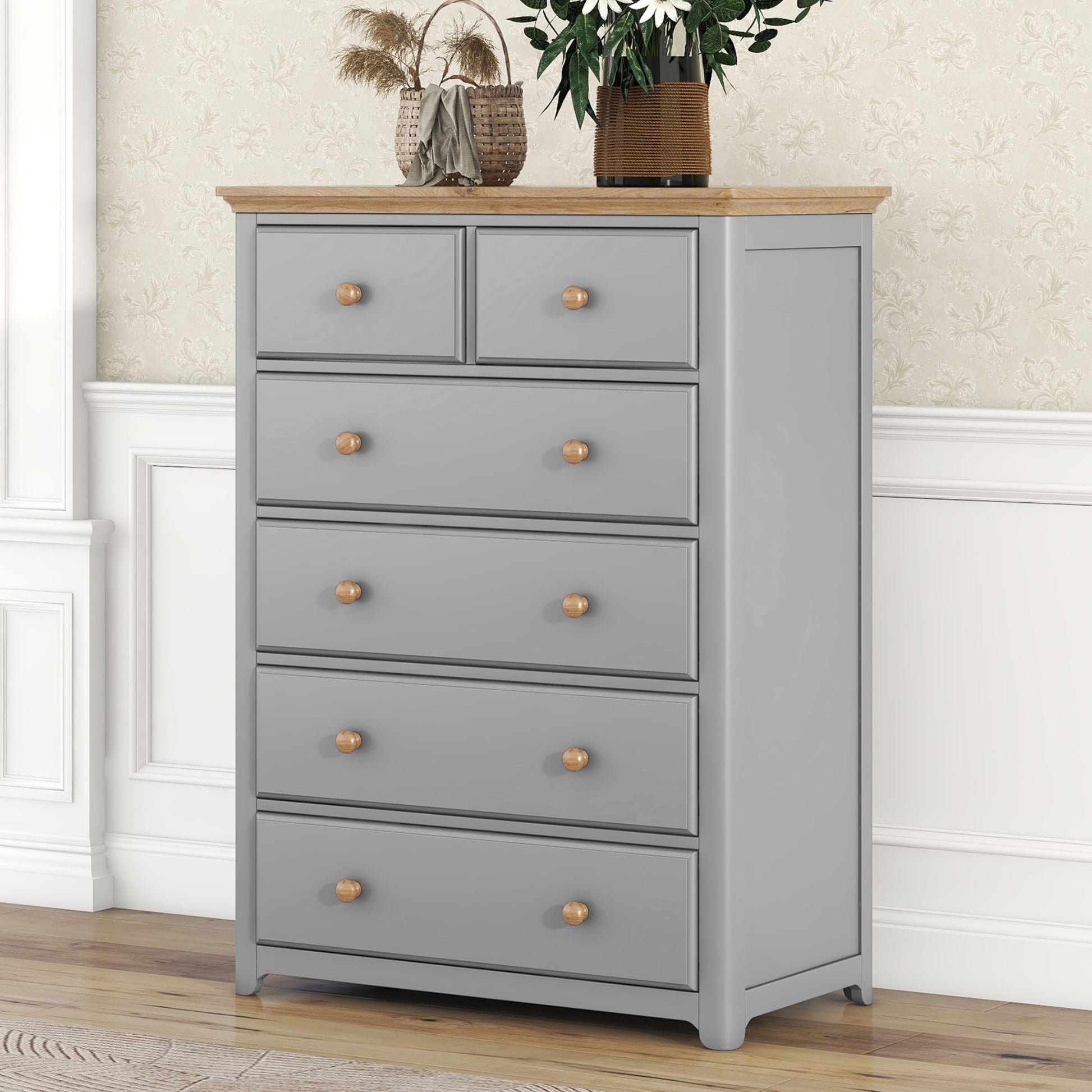 Rustic Wooden Chest With 6 Drawers,Storage Cabinet For Bedroom,Gray Natrual Gray Wood