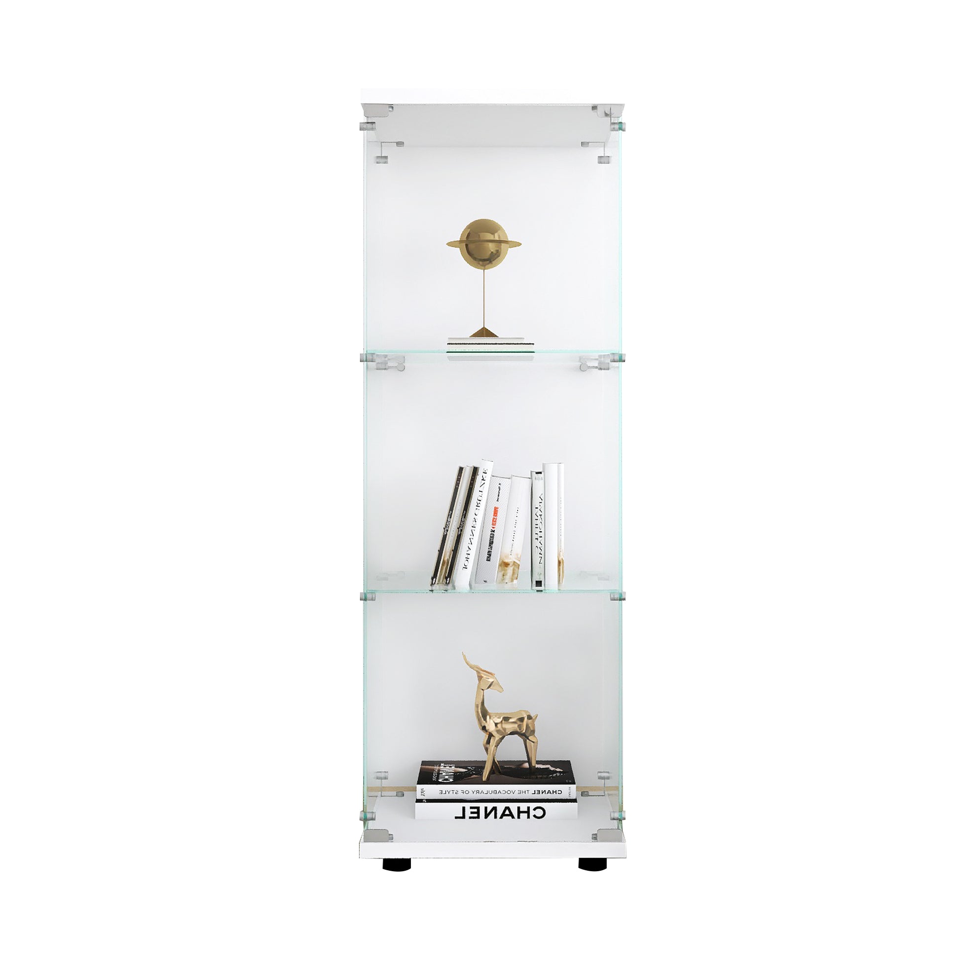 Glass Display Cabinet With 3 Shelves, One Door Curio Cabinets For Living Room, Bedroom, Office, White Floor Standing Glass Bookshelf, Quick Installation White Glass