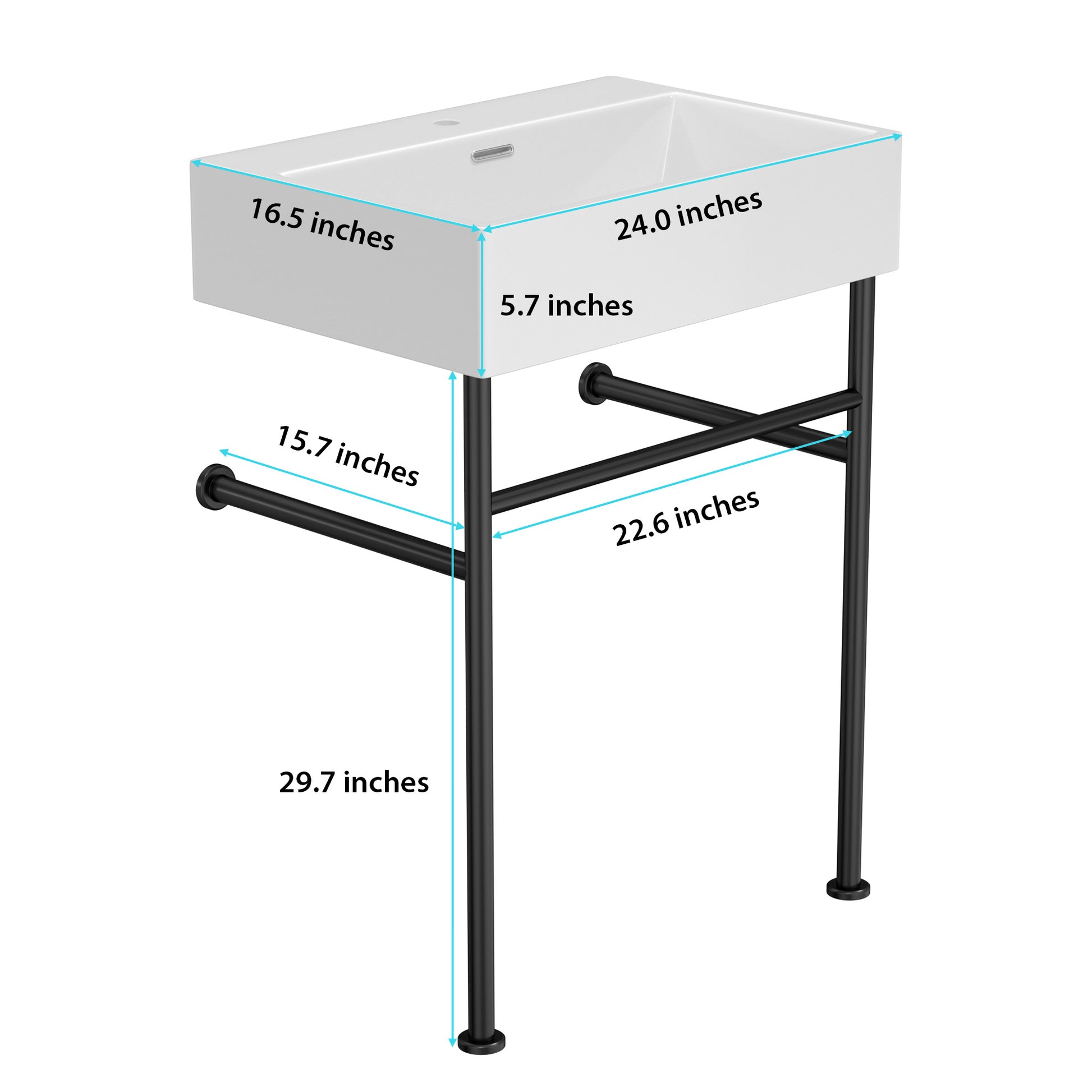 24" Bathroom Console Sink With Overflow,Ceramic Console Sink White Basin Black Legs White Ceramic