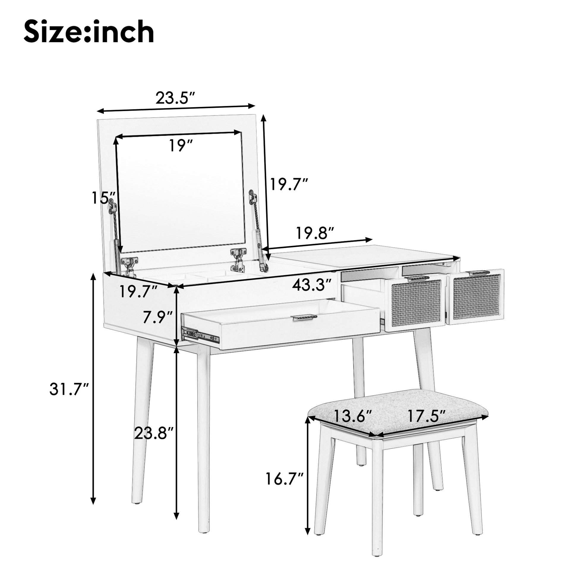 43.3" Classic Wood Makeup Vanity Set With Flip Top Mirror And Stool, Dressing Table With Three Drawers And Storage Space, White White Solid Wood Mdf