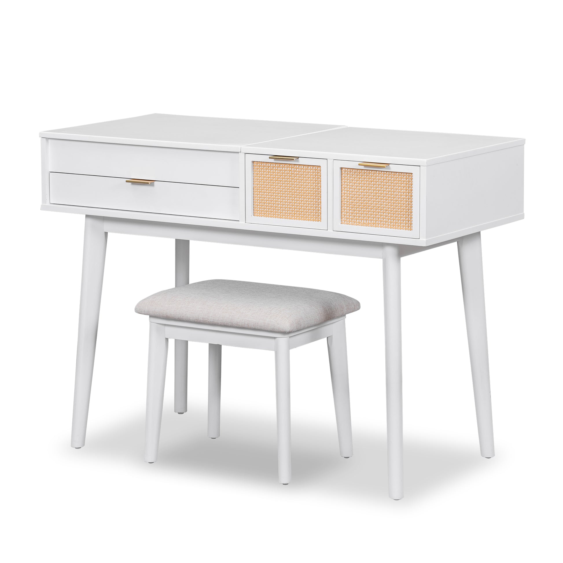 43.3" Classic Wood Makeup Vanity Set With Flip Top Mirror And Stool, Dressing Table With Three Drawers And Storage Space, White White Solid Wood Mdf