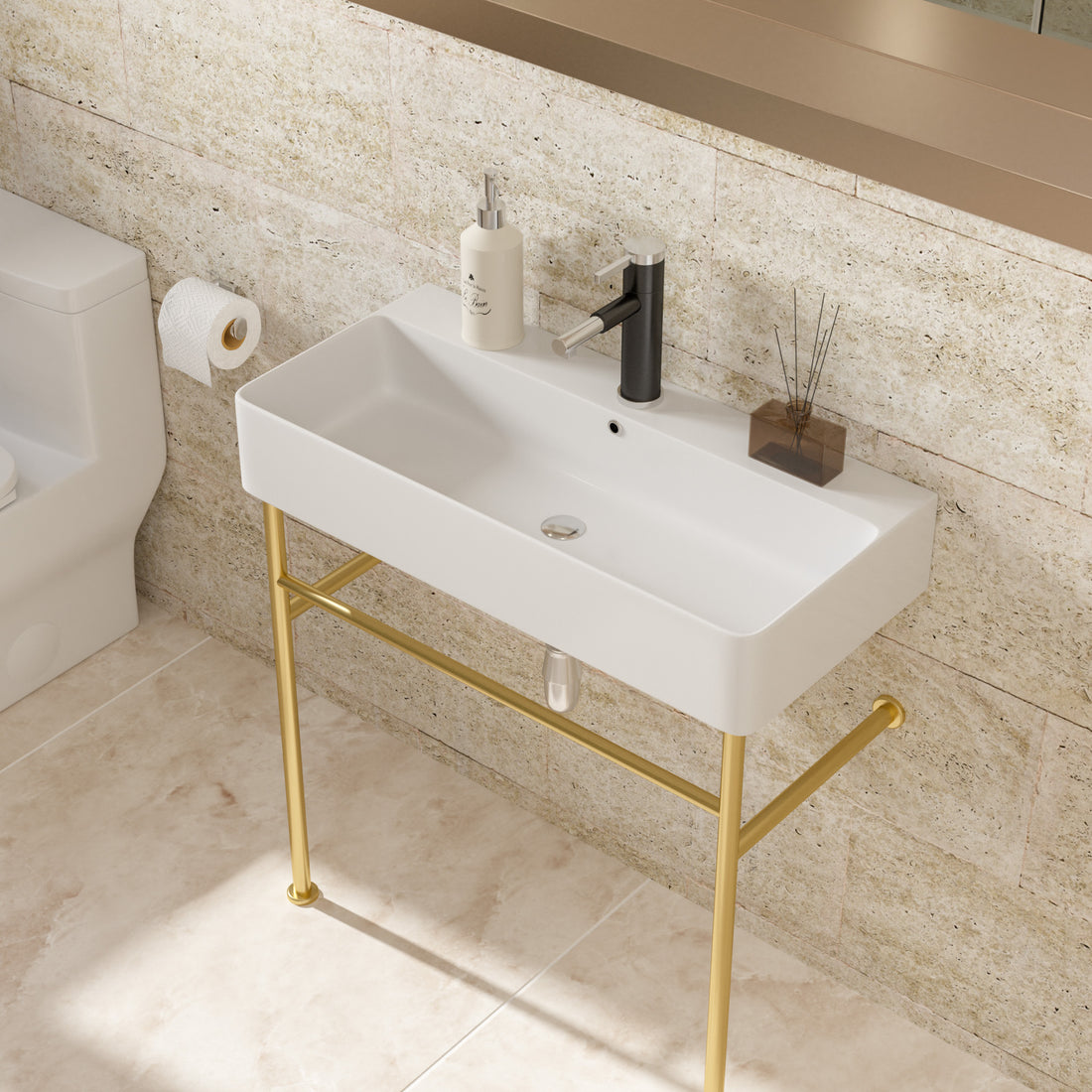 35" Bathroom Console Sink With Overflow,Ceramic Console Sink White Basin Gold Legs White Ceramic