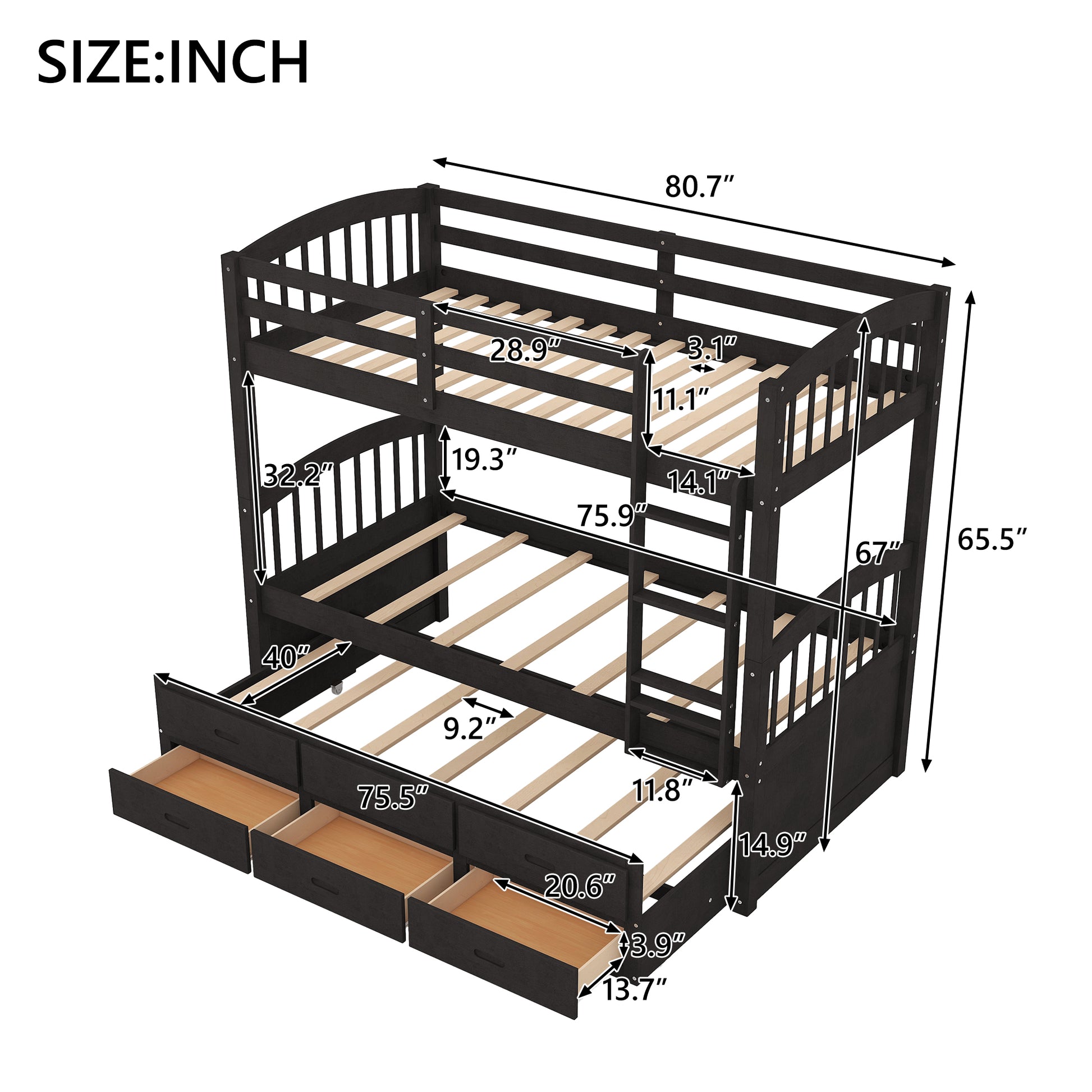 Twin Over Twin Wood Bunk Bed With Trundle And Drawers, Espresso Box Spring Not Required Twin Espresso Wood Bedroom Pine Bunk Pine