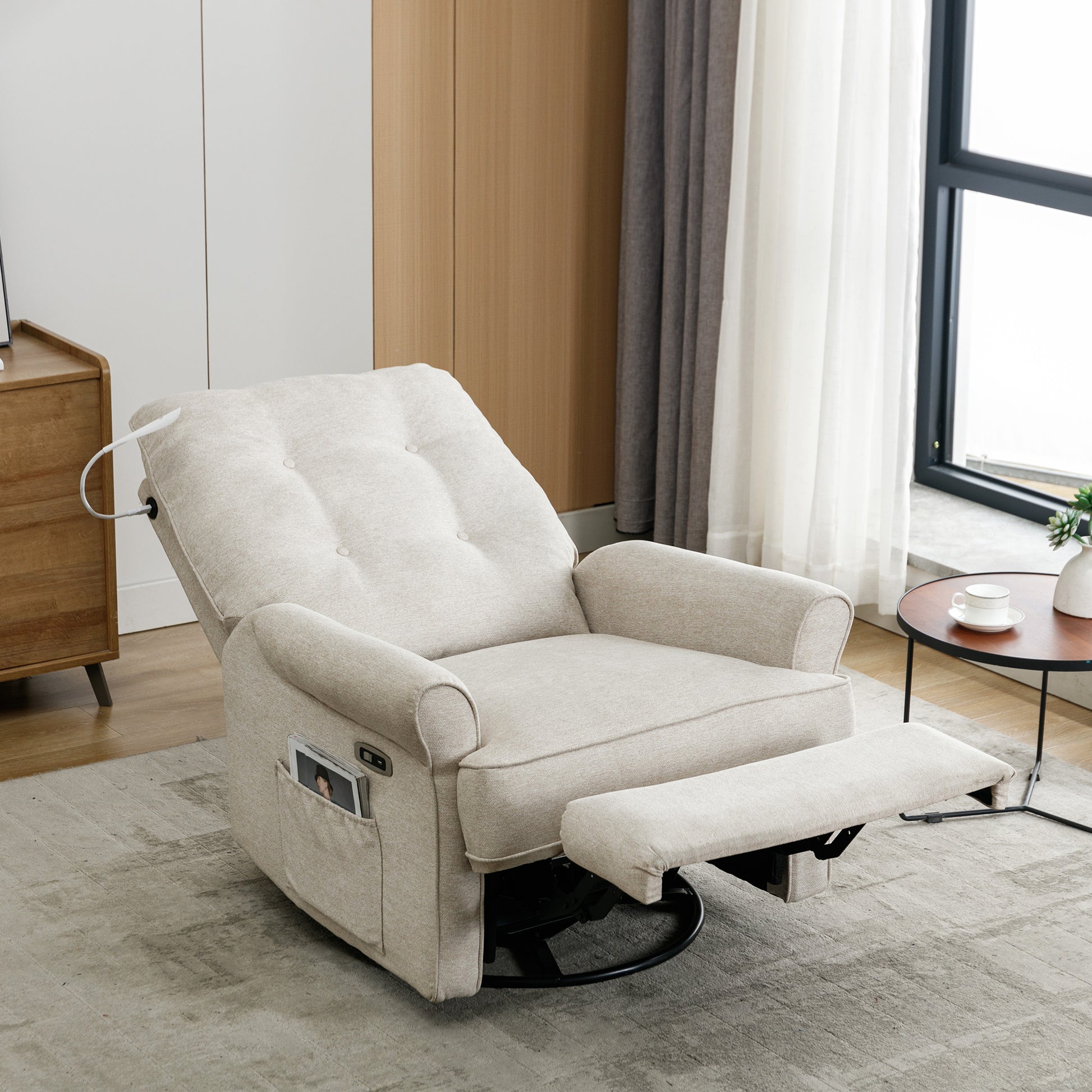 Reclining Chair 270 Degree Swivel Recliner Chairs With Usb Port, Side Pocket And Touch Sensitive Lamp For Living Room, Bedroom, Cream Cream Linen