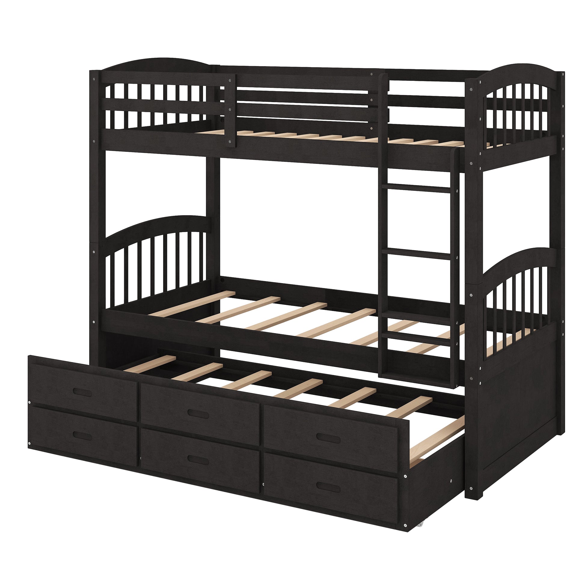 Twin Over Twin Wood Bunk Bed With Trundle And Drawers, Espresso Box Spring Not Required Twin Espresso Wood Bedroom Pine Bunk Pine