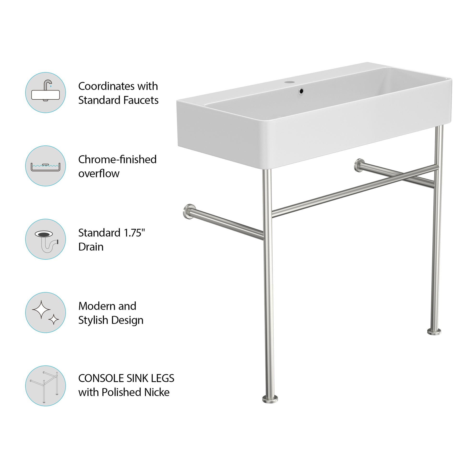 32" Bathroom Console Sink With Overflow,Ceramic Console Sink White Basin Polished Nicke Legs White Ceramic