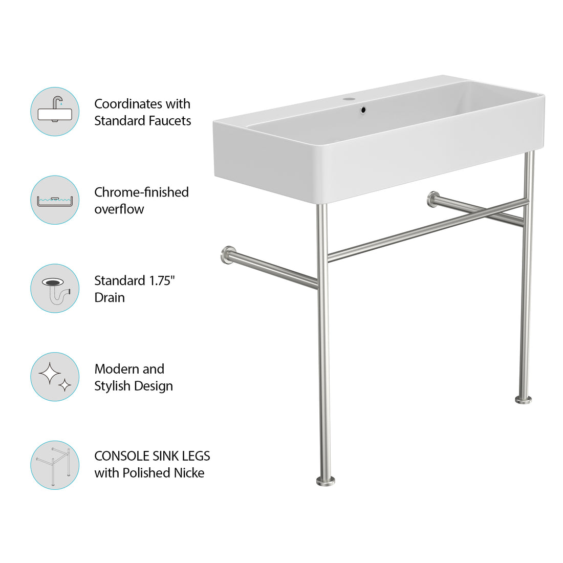 35" Bathroom Console Sink With Overflow,Ceramic Console Sink White Basin Polished Nicke Legs White Ceramic