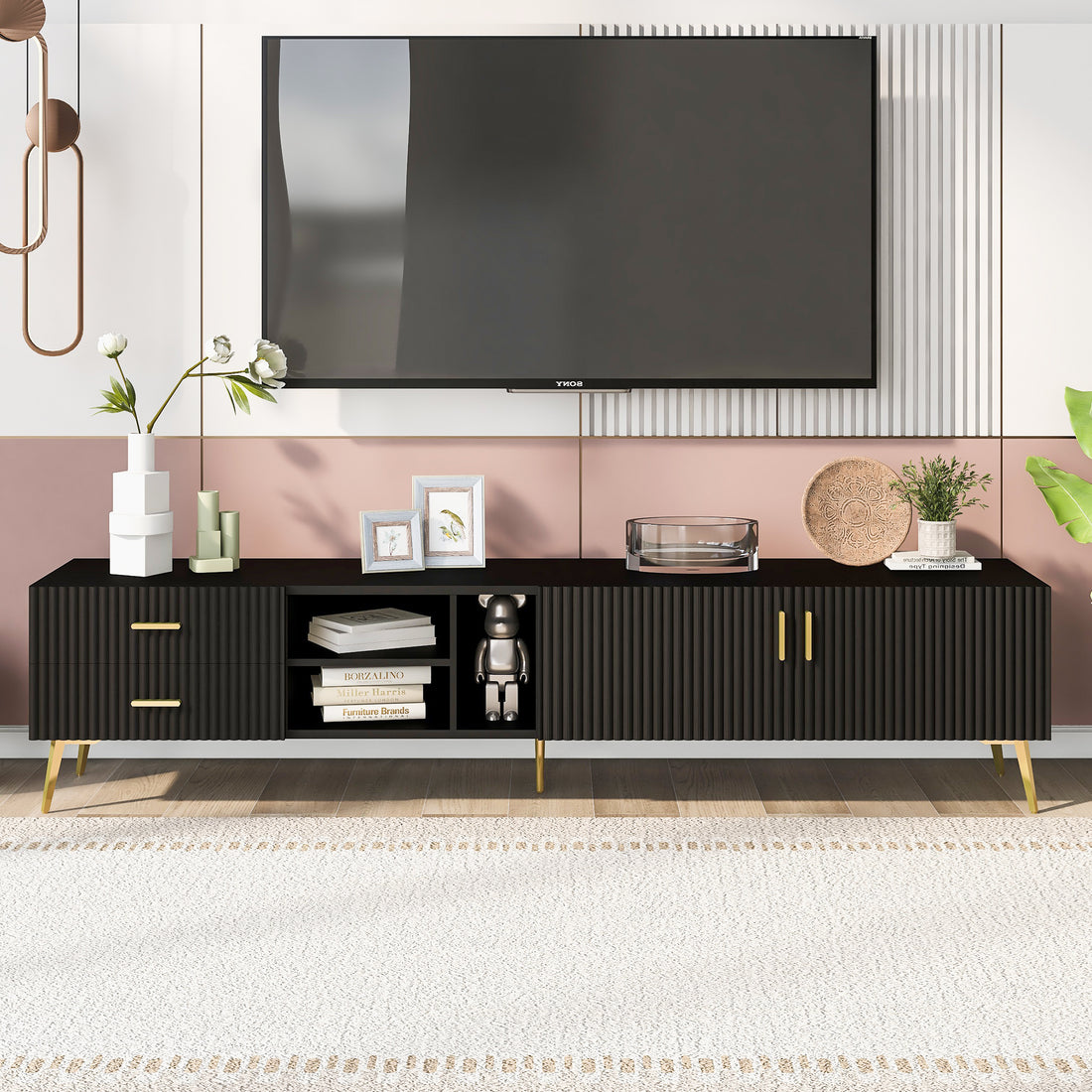 Modern Tv Stand With 5 Champagne Legs Durable, Stylish, Spacious, Versatile Storage Tvs Up To 77" Black Black Mdf