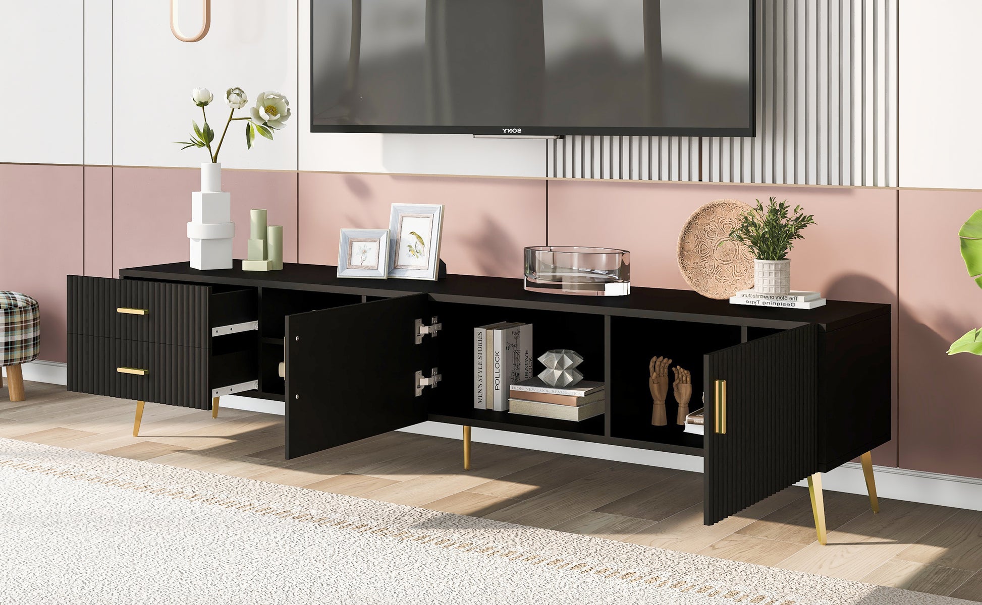 Modern Tv Stand With 5 Champagne Legs Durable, Stylish, Spacious, Versatile Storage Tvs Up To 77" Black Black Mdf