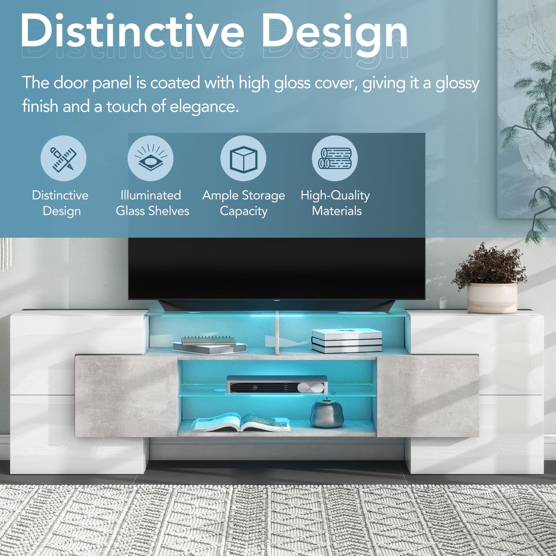 Unique Shape Tv Stand With 2 Illuminated Glass Shelves, High Gloss Entertainment Center For Tvs Up To 88", Versatile Tv Cabinet With Led Color Changing Lights For Living Room, Grey Grey Particle Board