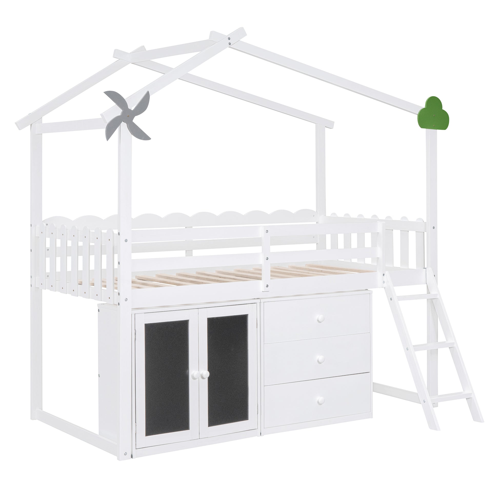 Twin Size House Bed With Cabinet And Drawers, White White Plywood