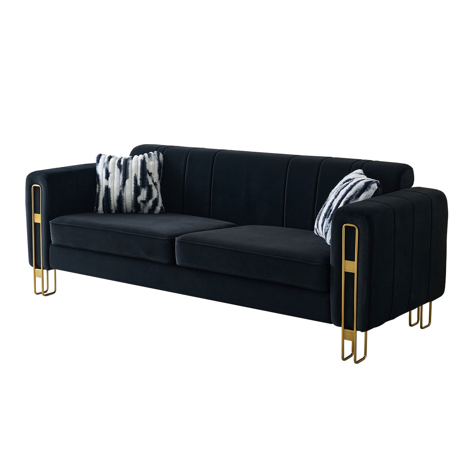 Modern Velvet Sofa 85.04 Inch For Living Room Black Color Black Velvet Wood Tufted Back Modern Square Arms Foam Velvet 2 Seat