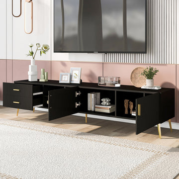 Modern Tv Stand With 5 Champagne Legs Durable, Stylish, Spacious, Versatile Storage Tvs Up To 77" Black Black Mdf