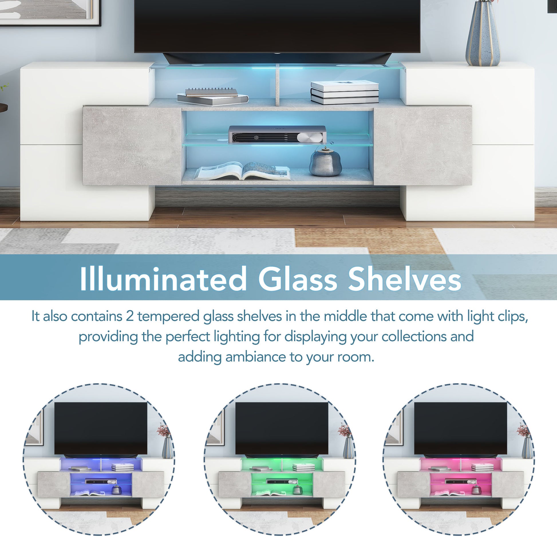 Unique Shape Tv Stand With 2 Illuminated Glass Shelves, High Gloss Entertainment Center For Tvs Up To 88", Versatile Tv Cabinet With Led Color Changing Lights For Living Room, Grey Grey Particle Board