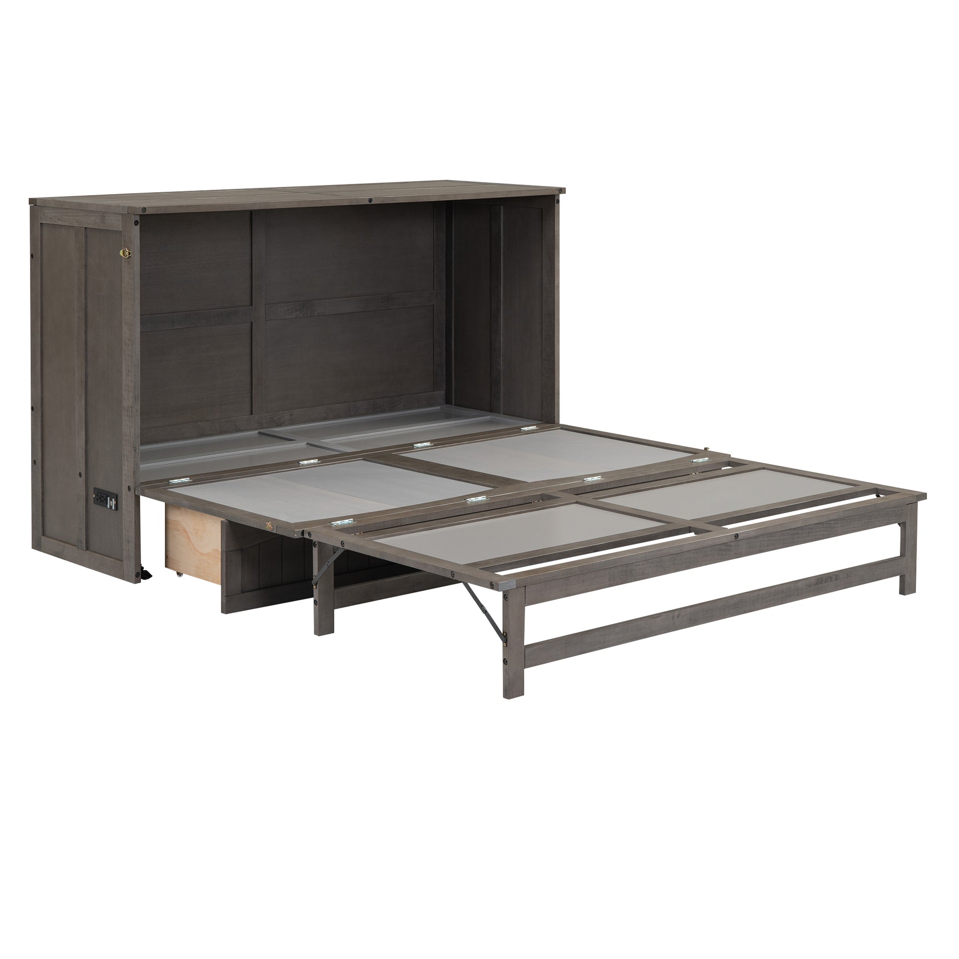 Queen Size Murphy Bed With Built In Charging Station, Antique Grey Box Spring Not Required Queen Antique Gray Wood Pine Wood