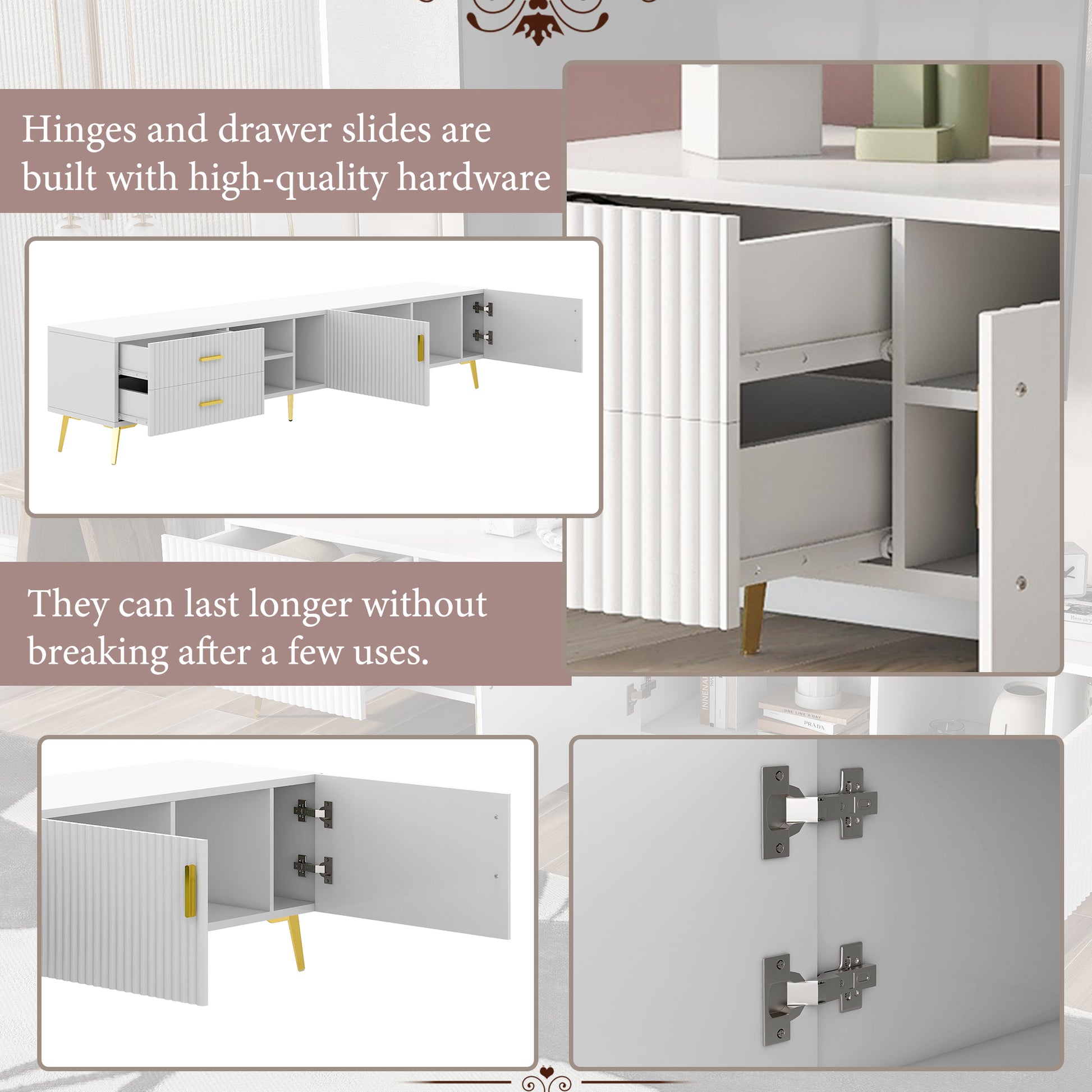 Modern Tv Stand With 5 Champagne Legs Durable, Stylish, Spacious, Versatile Storage Tvs Up To 77" White White Mdf