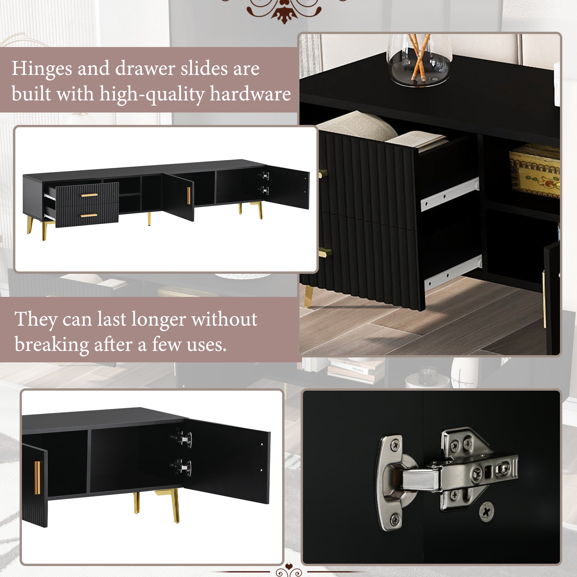 Modern Tv Stand With 5 Champagne Legs Durable, Stylish, Spacious, Versatile Storage Tvs Up To 77" Black Black Mdf