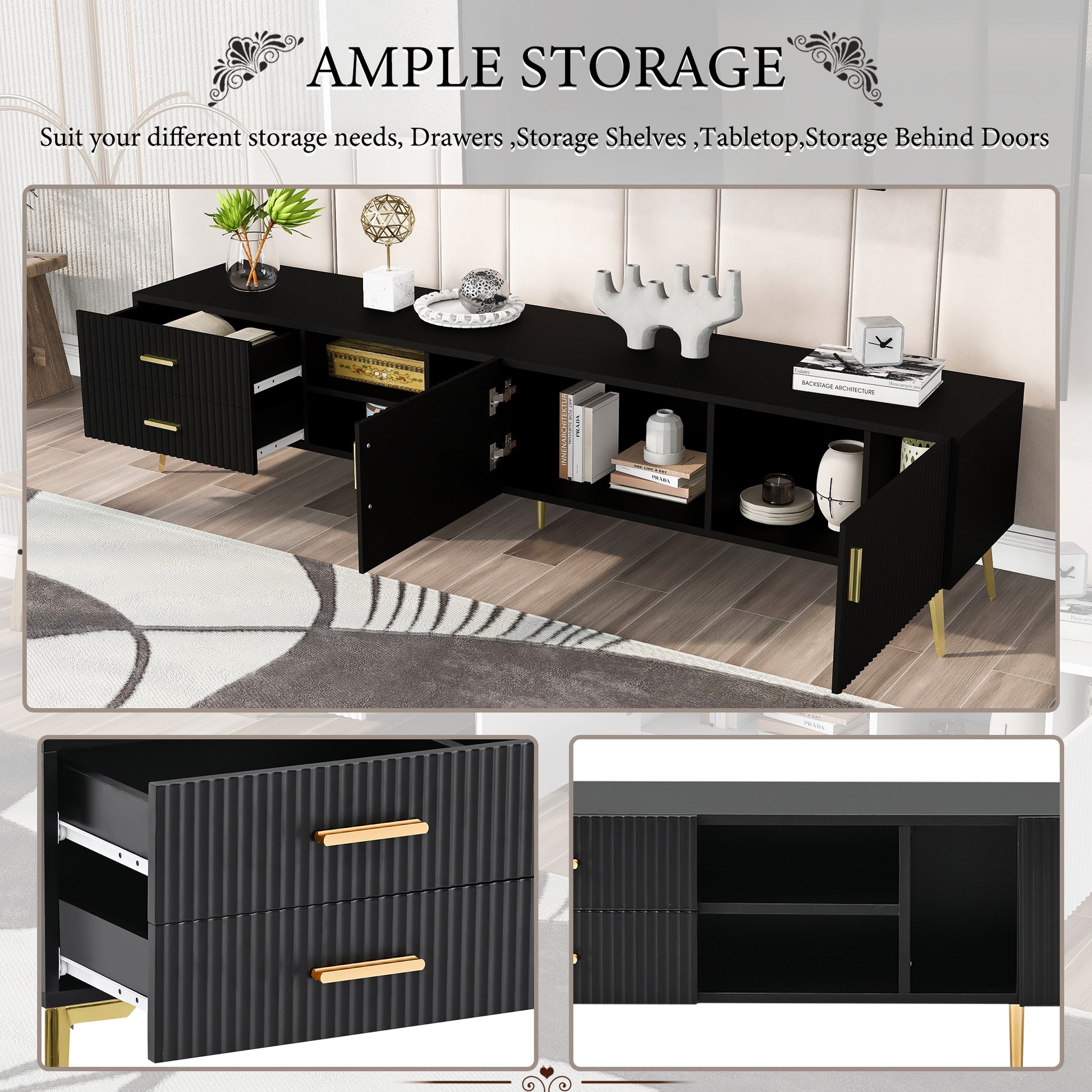 Modern Tv Stand With 5 Champagne Legs Durable, Stylish, Spacious, Versatile Storage Tvs Up To 77" Black Black Mdf