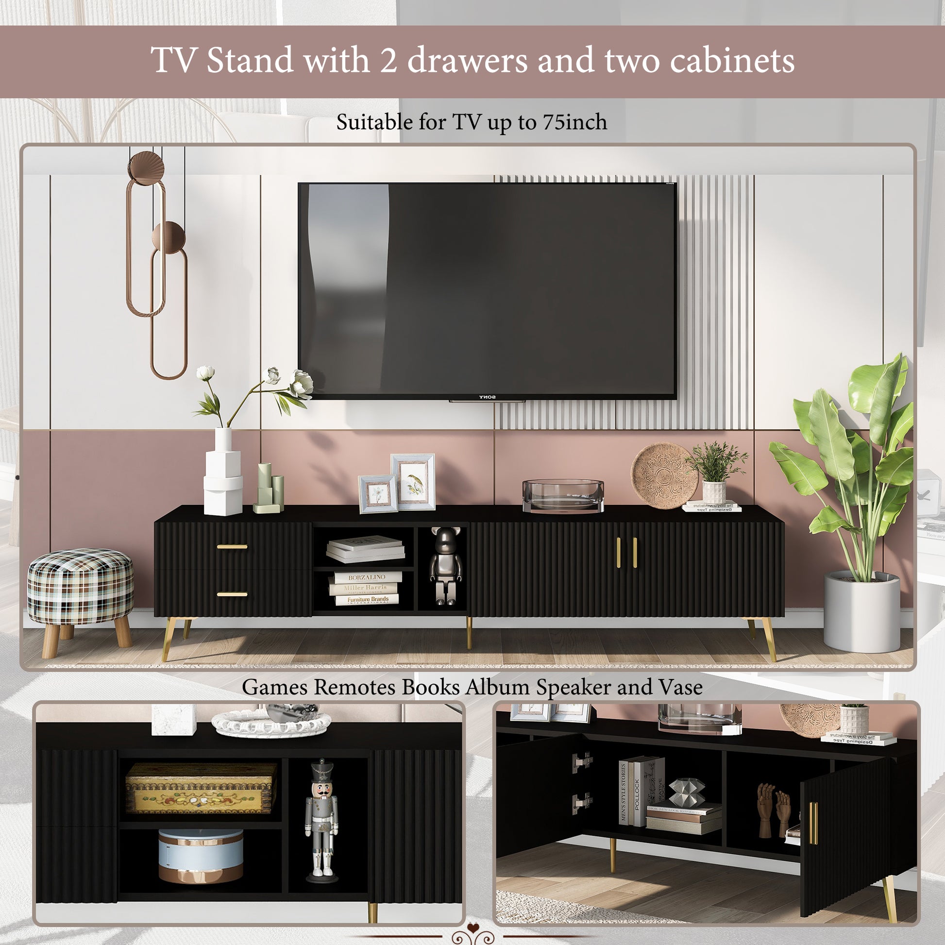 Modern Tv Stand With 5 Champagne Legs Durable, Stylish, Spacious, Versatile Storage Tvs Up To 77" Black Black Mdf