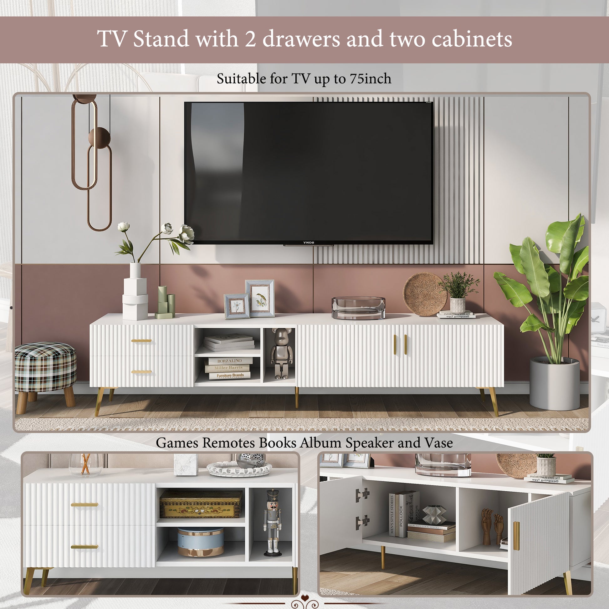 Modern Tv Stand With 5 Champagne Legs Durable, Stylish, Spacious, Versatile Storage Tvs Up To 77" White White Mdf