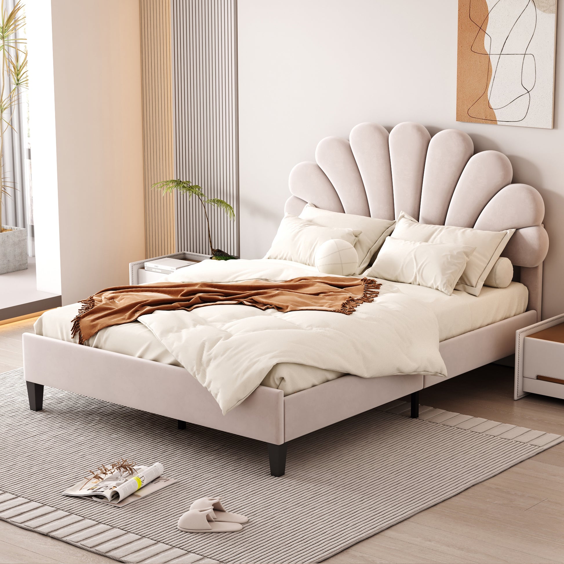Full Size Upholstered Platform Bed With Flower Pattern Velvet Headboard, Beige Beige Velvet