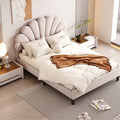 Full Size Upholstered Platform Bed With Flower Pattern Velvet Headboard, Beige Beige Velvet