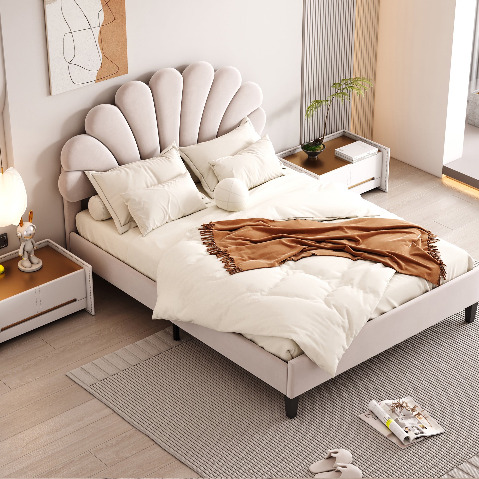 Full Size Upholstered Platform Bed With Flower Pattern Velvet Headboard, Beige Beige Velvet