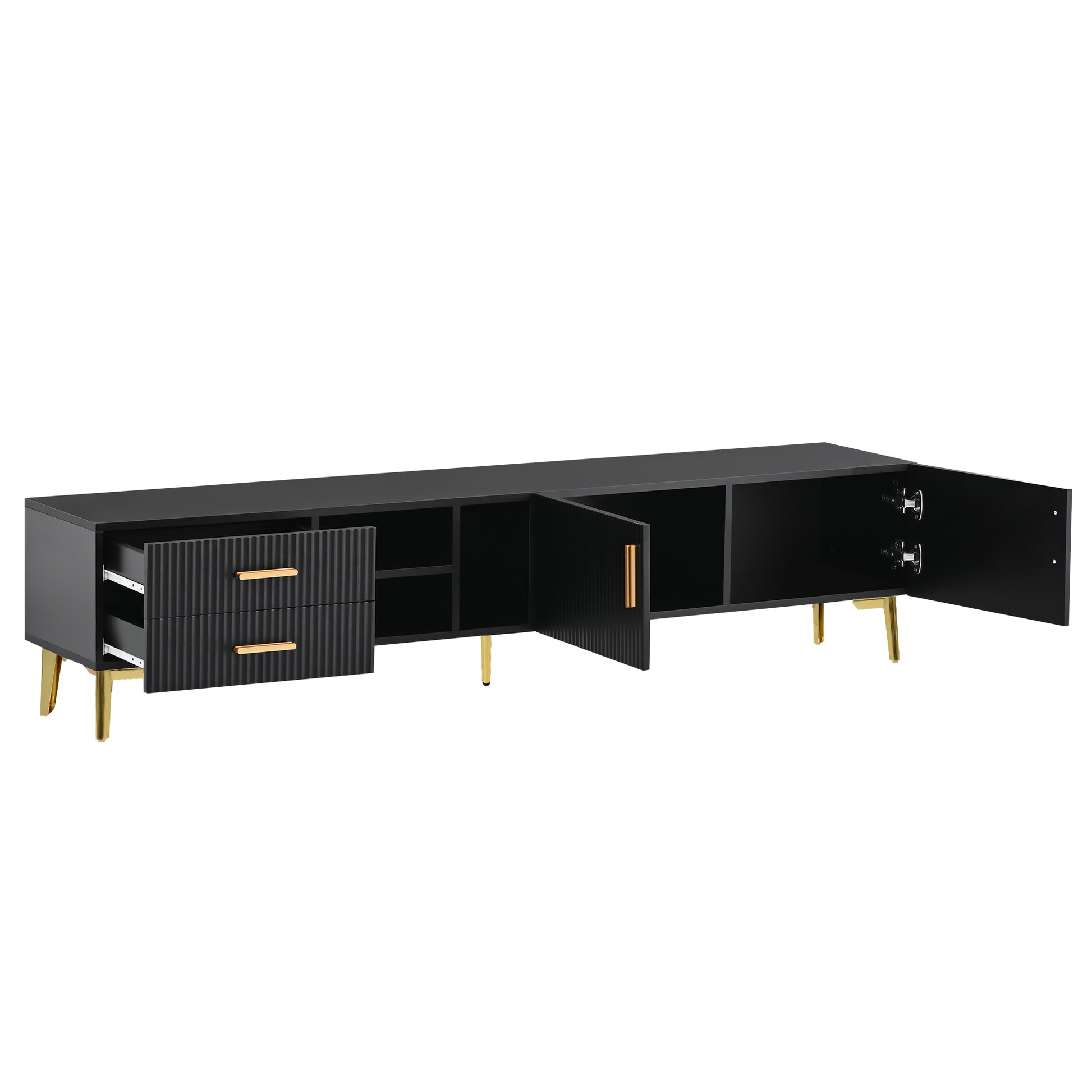 Modern Tv Stand With 5 Champagne Legs Durable, Stylish, Spacious, Versatile Storage Tvs Up To 77" Black Black Mdf